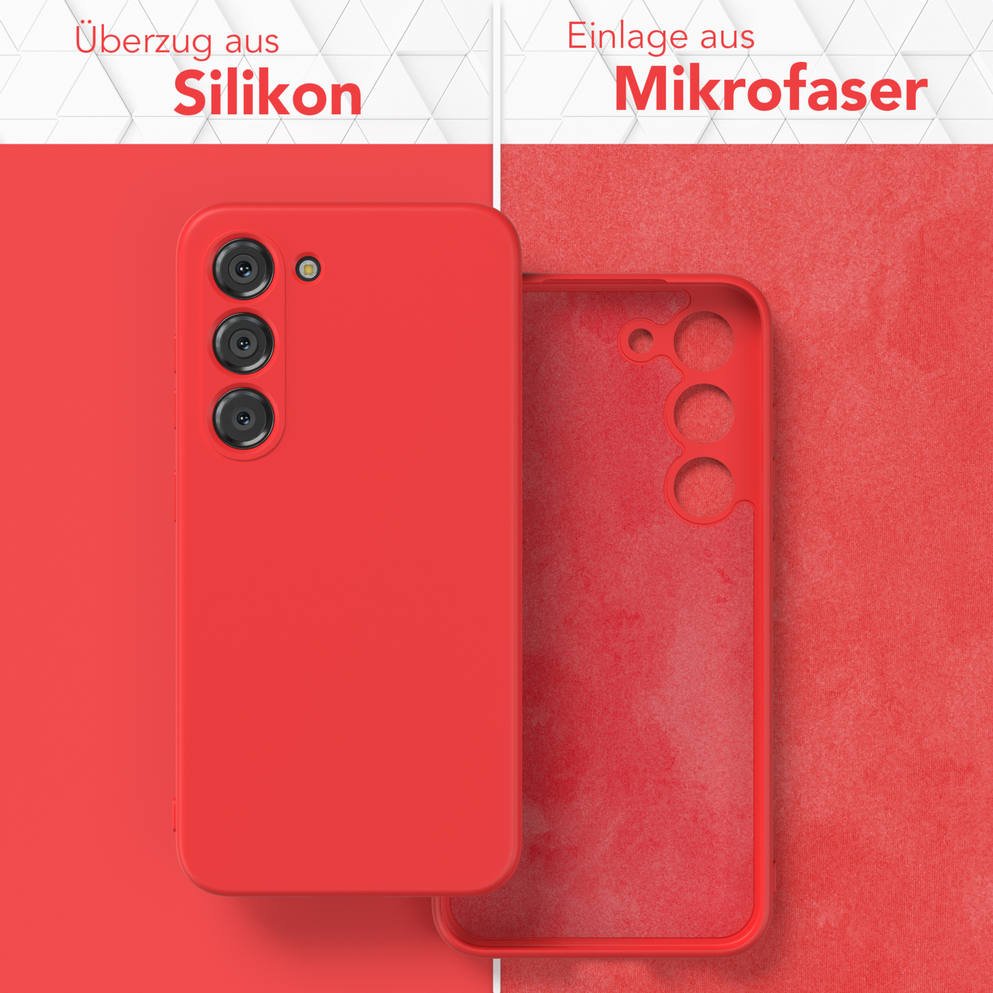 Rote Handyhülle und Mikrofaser-Innenseite auf rotem Hintergrund.
