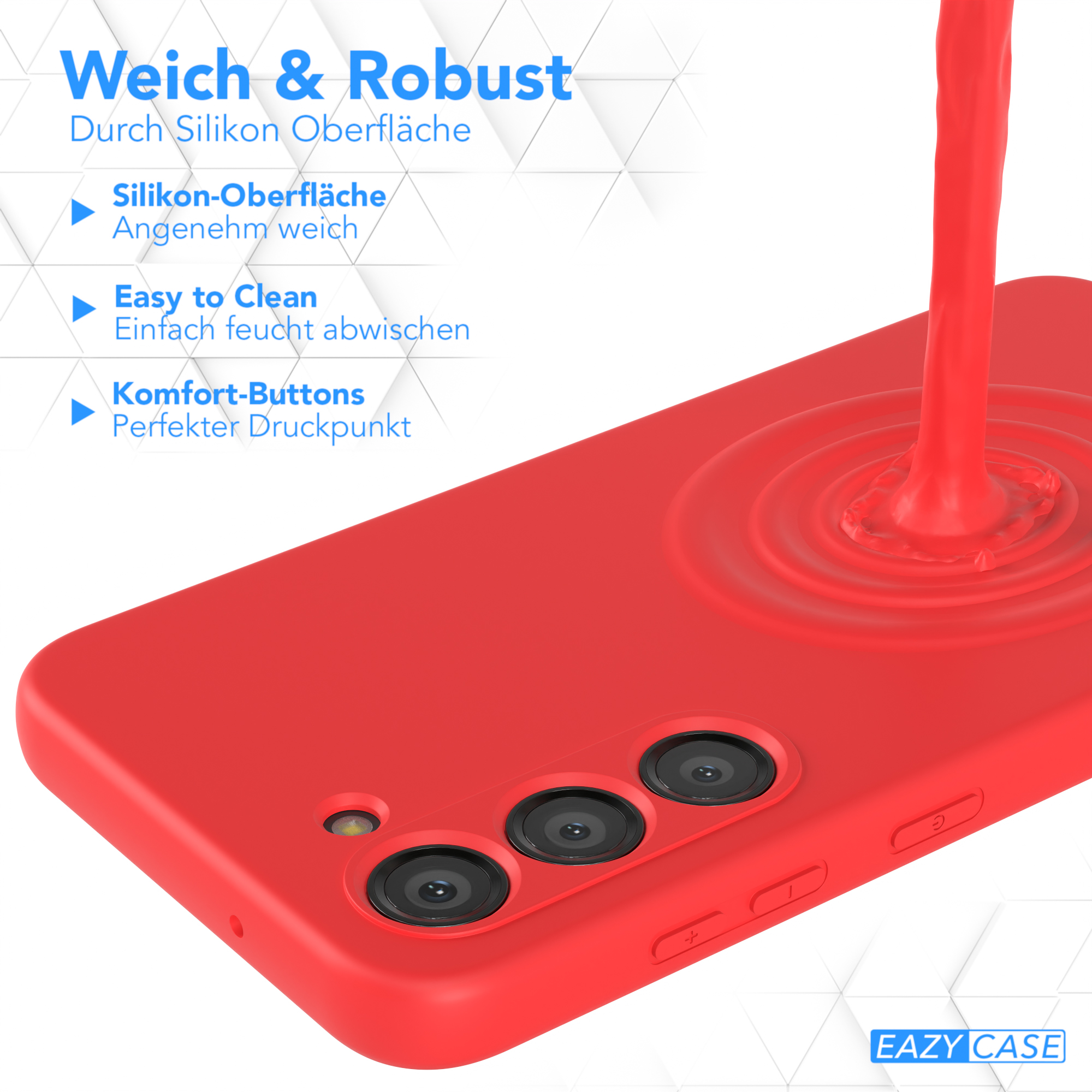 Rote Handyhülle mit telefonförmiger Vertiefung. Rote Flüssigkeit fließt darüber, Design hervorhebend.