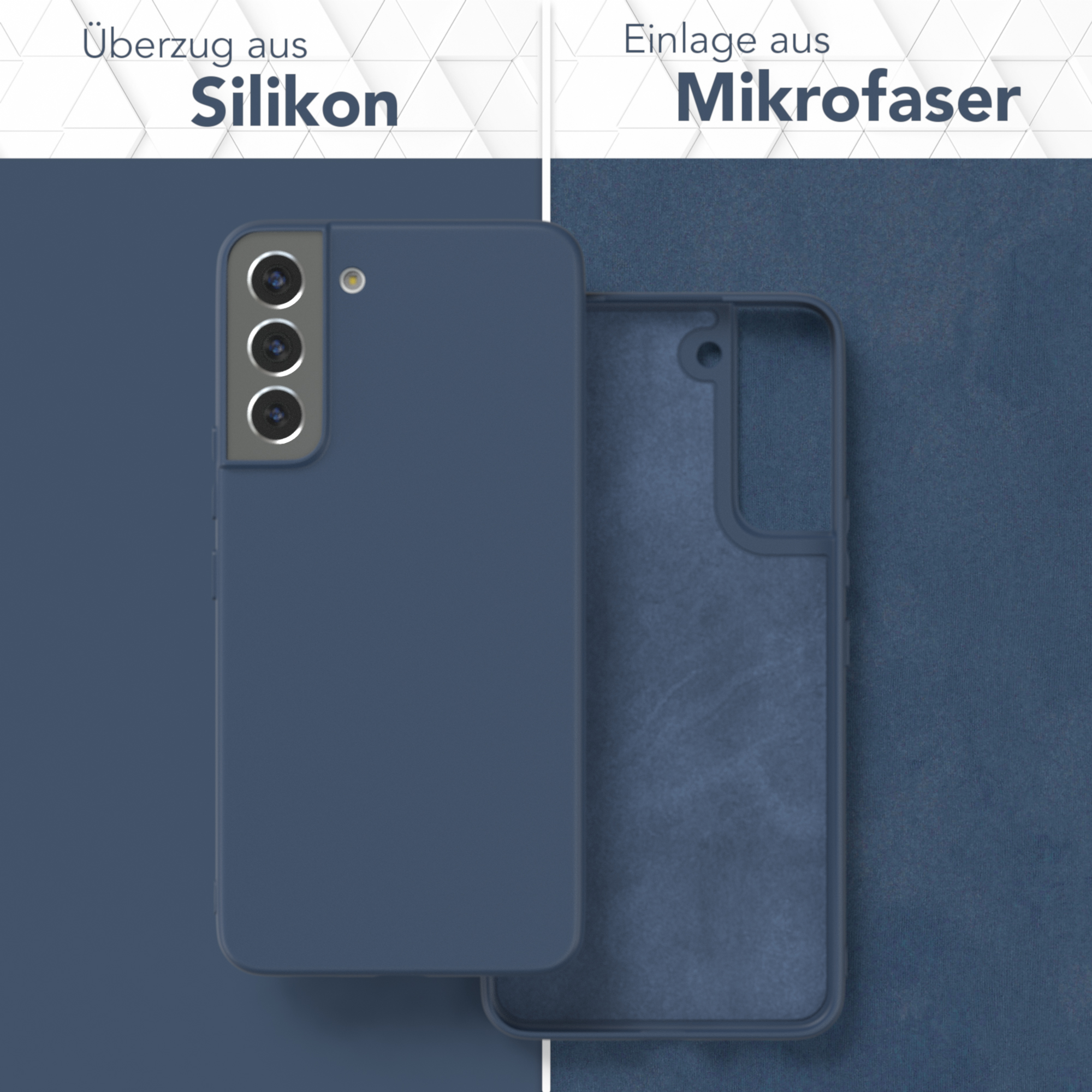 Zweiteilige Handyhülle: blaue Silikonaußenseite und Mikrofaserinnenseite, mit Text, der Silikon und Mikrofaser beschreibt.