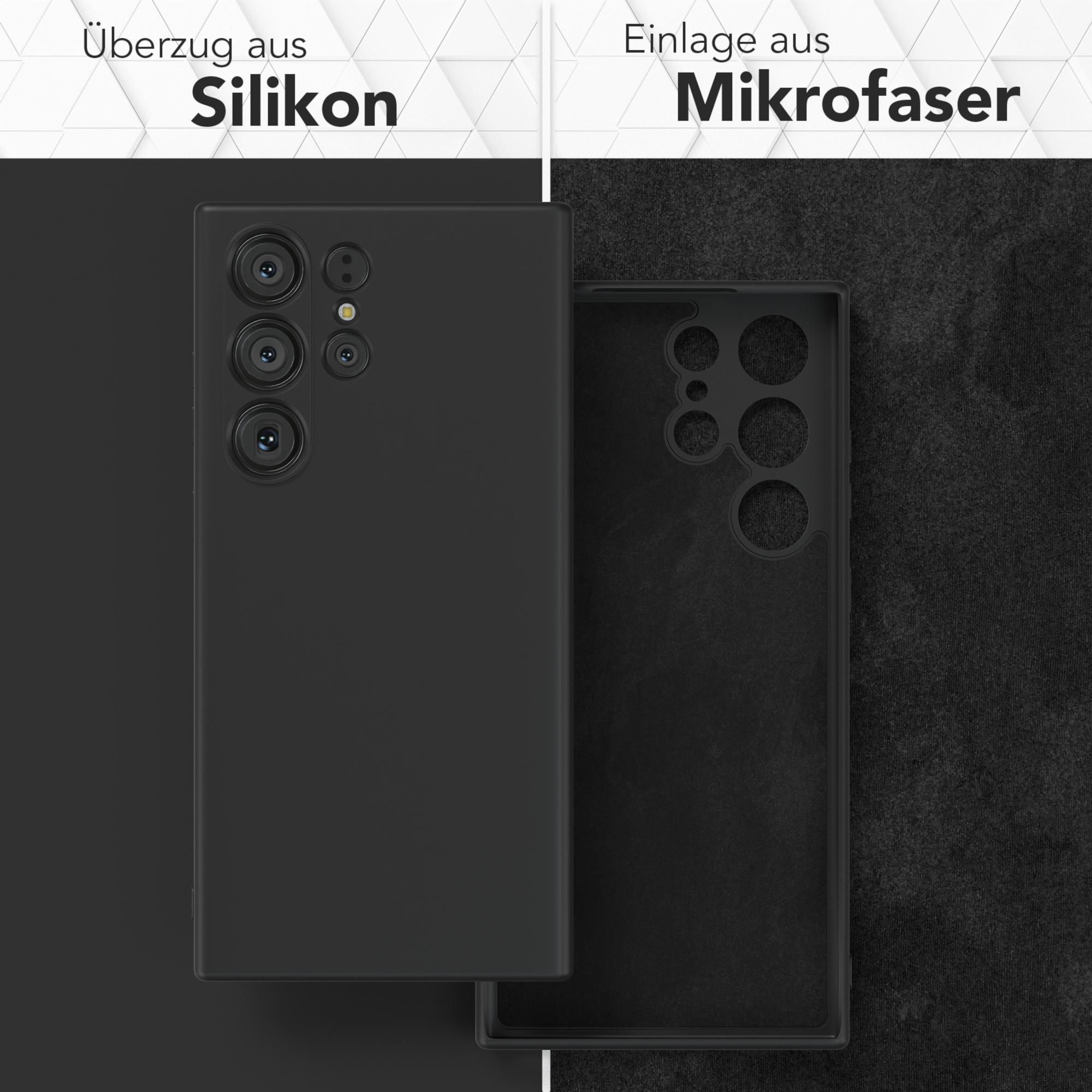 Zwei Handyhüllen: schwarzes Silikon außen, schwarze Mikrofaser innen, Kameras sichtbar.