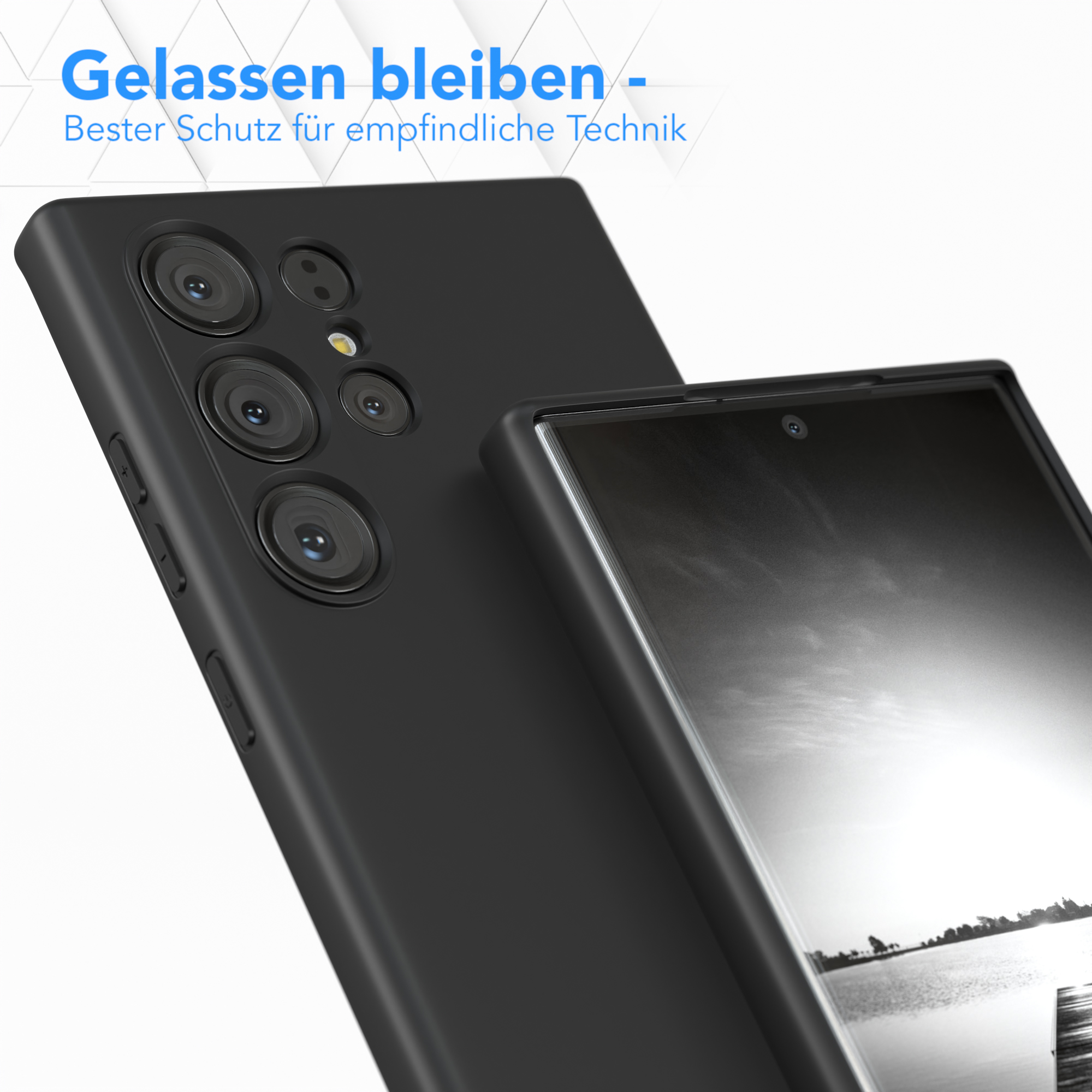 Nahaufnahme eines schwarzen Telefons mit schwarzem Gehäuse. Das Gehäuse bedeckt das Telefon teilweise.