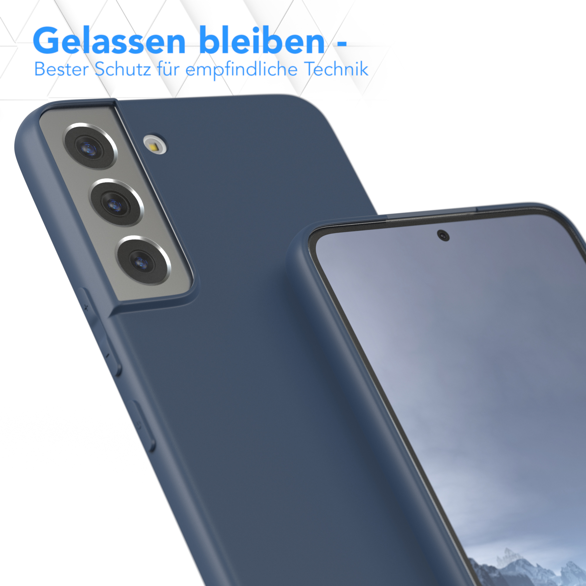 Blaue Handyhülle mit drei Kameraausschnitten. Eine weitere Handyhülle im Hintergrund.