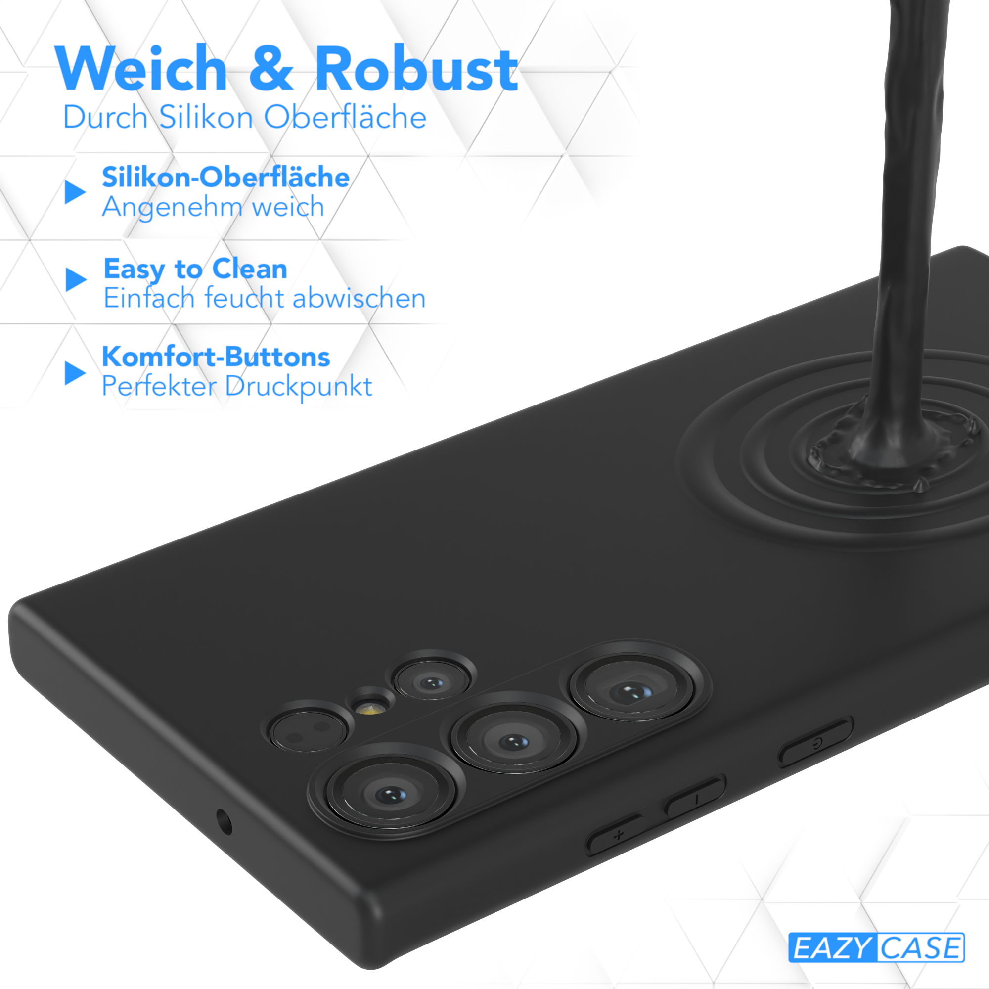 Eine schwarze Handyhülle mit einem Telefon darin, mit Flüssigkeit, die auf die Hülle gegossen wird.