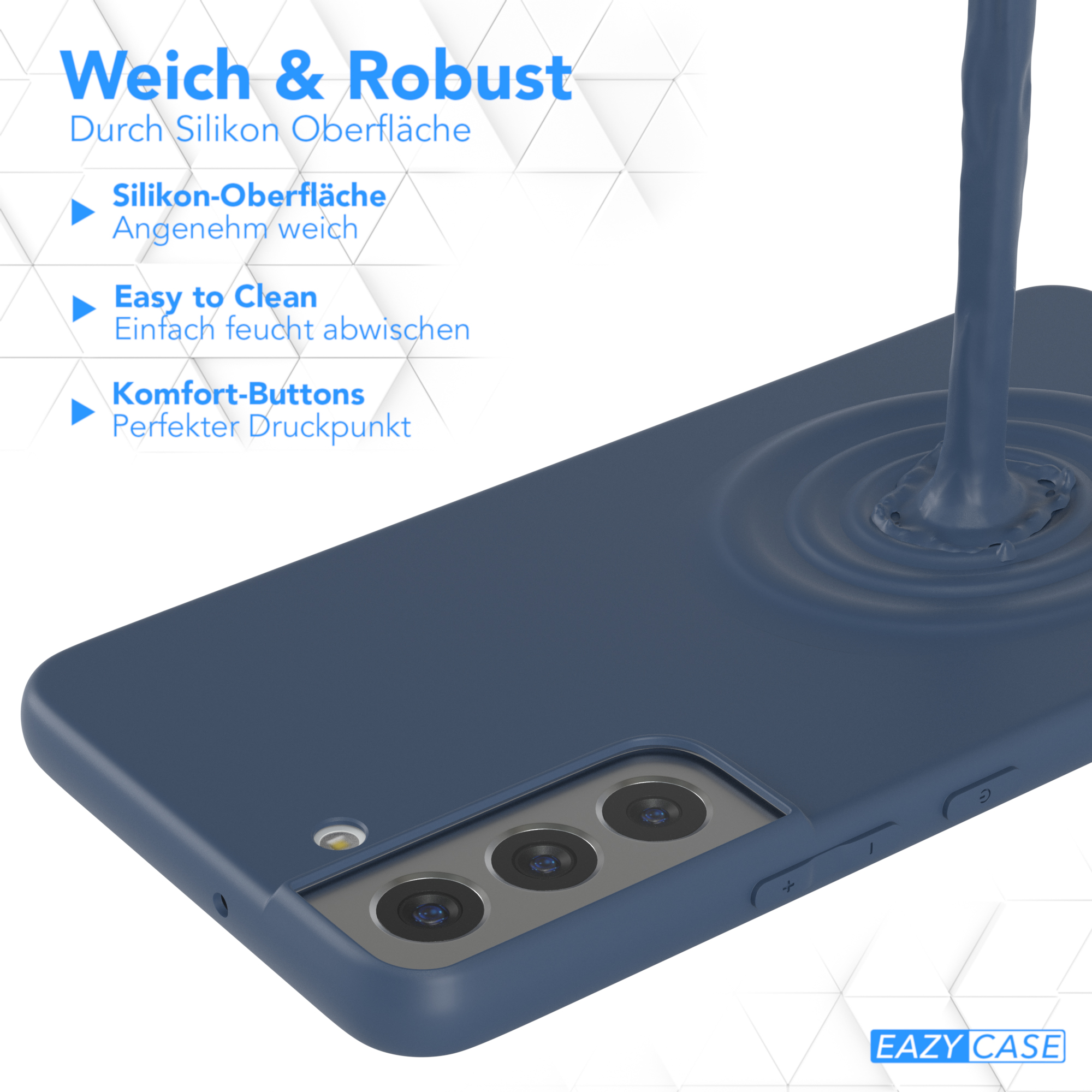 Blaue Handyhülle, Wasser gießt. Weißer Hintergrund.