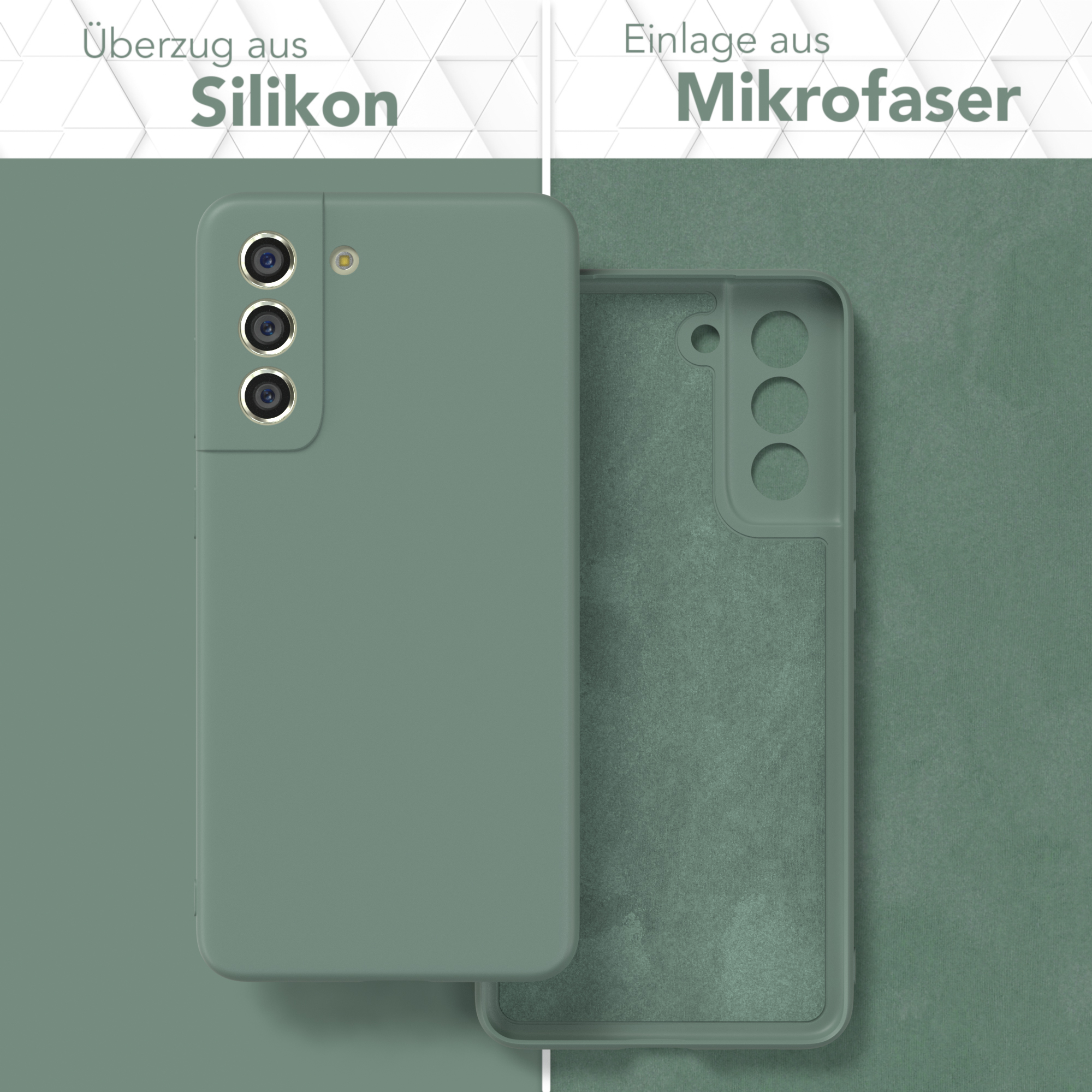 Grüne Handyhülle, Silikonaußenseite, Mikrofaserinnenraum, auf grünem Hintergrund.