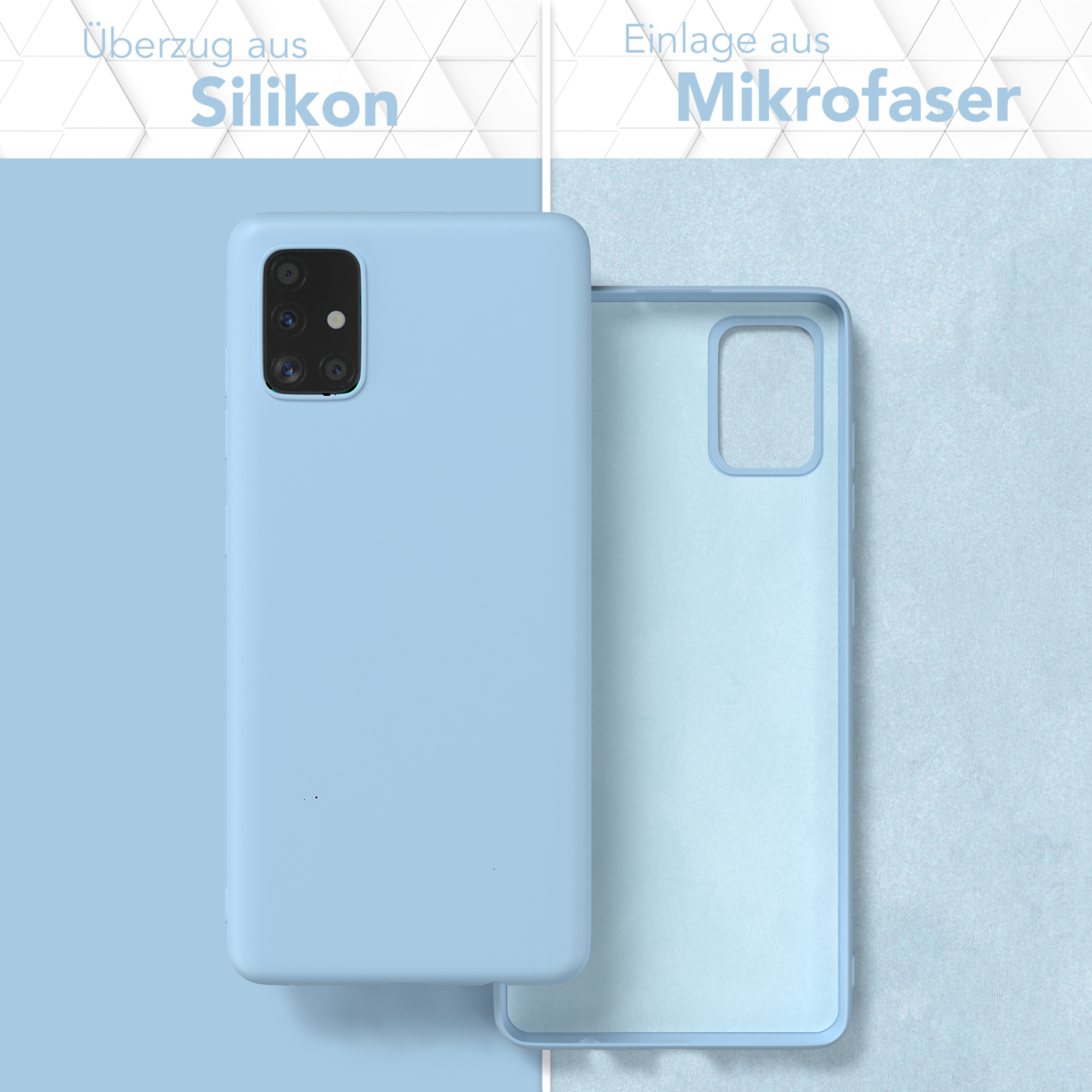 Hellblaue Handyhülle mit dunklerem Innenraum und dem Text 'Silikon'.