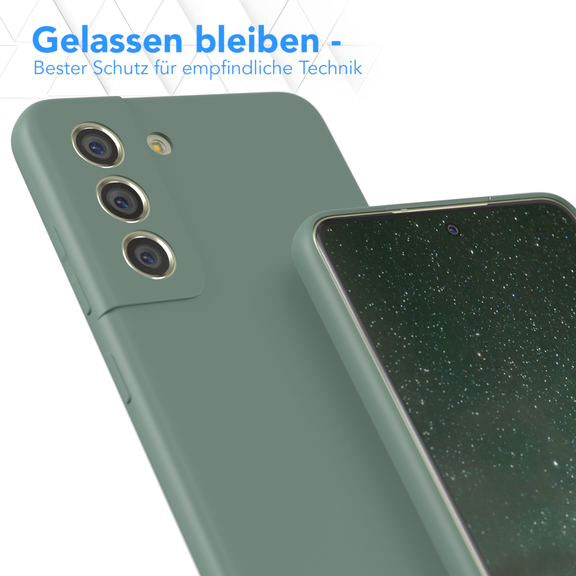 Zwei Telefonhüllen. Text: Bleib ruhig. Bester Schutz für empfindliche Technik.