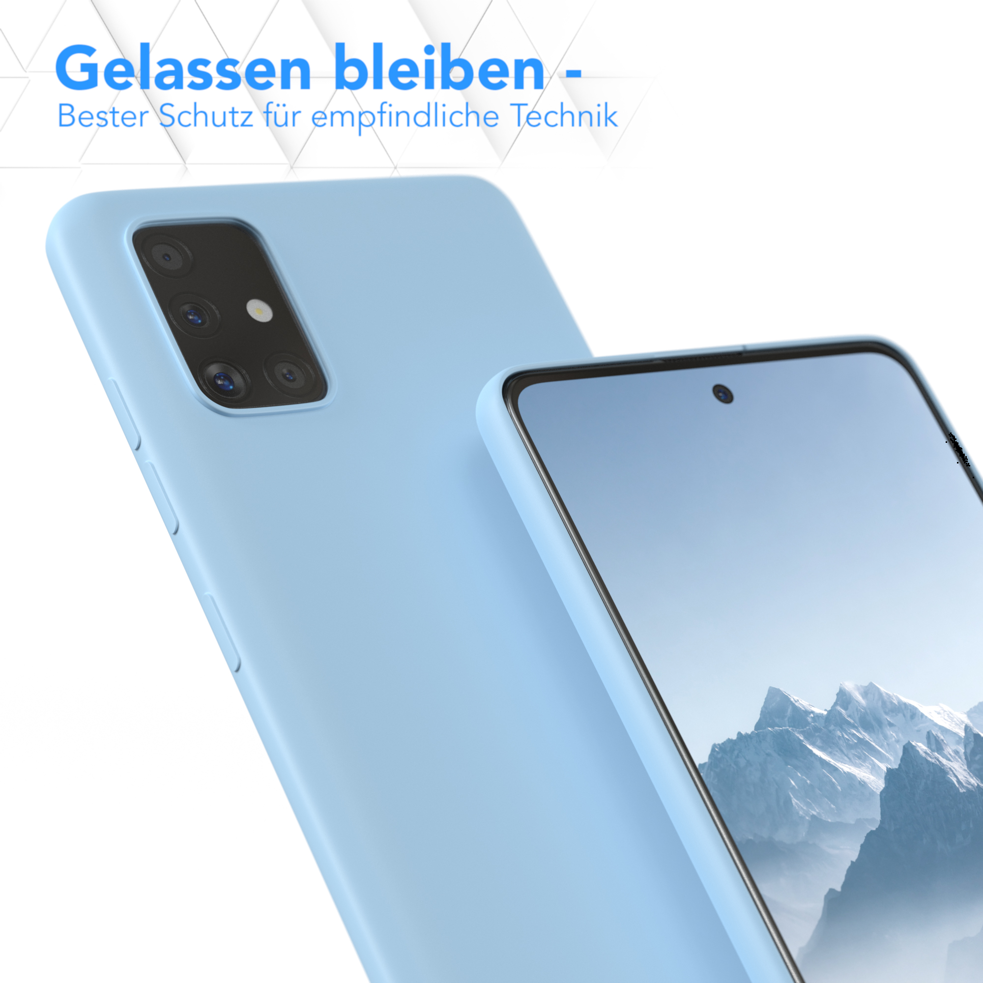 Zwei hellblaue Handyhüllen. Eine auf einem Telefon mit verschwommenem Hintergrund, eine leer.