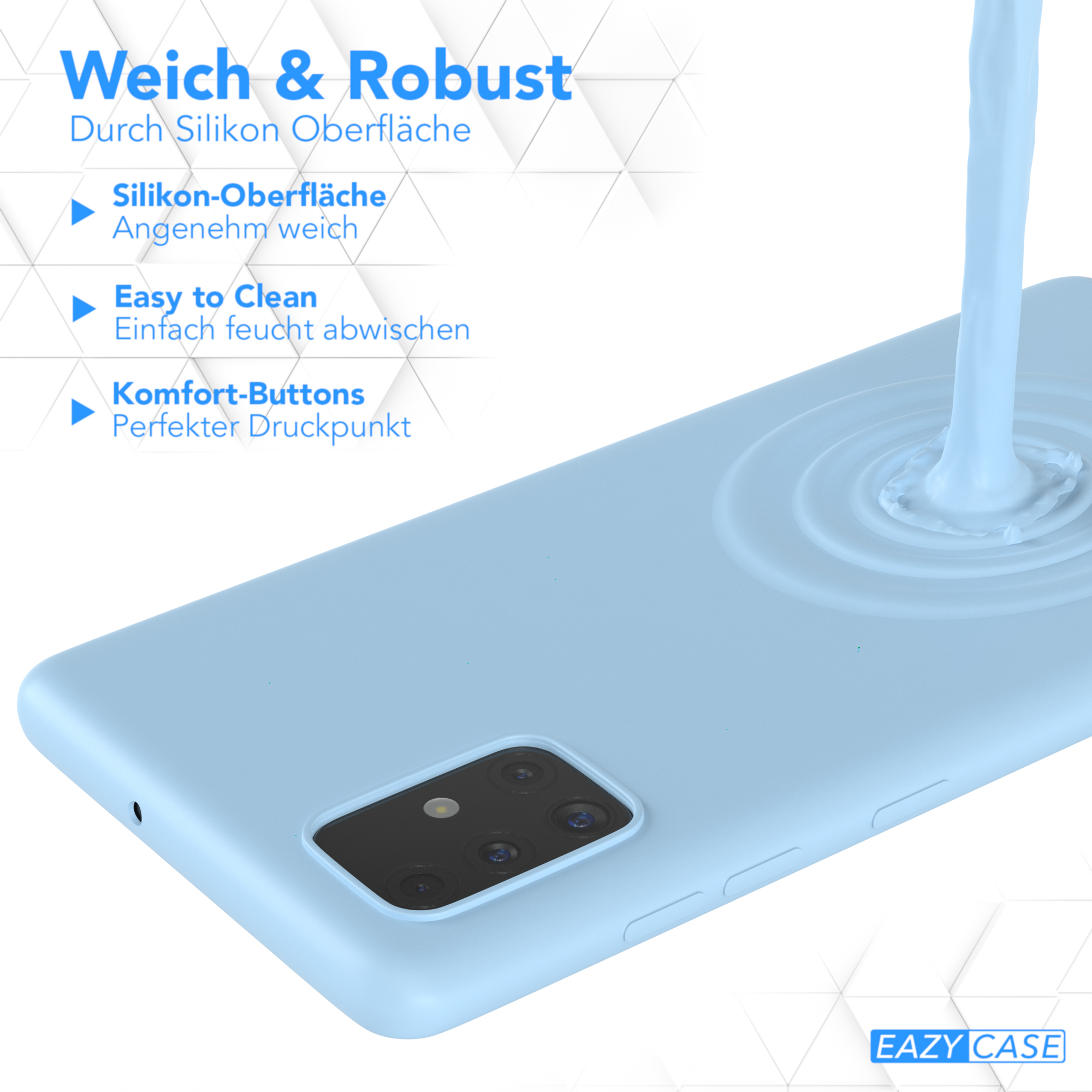 Telefonhülle mit blauer Flüssigkeit, die darauf fließt, zeigt die Oberfläche der Hülle.