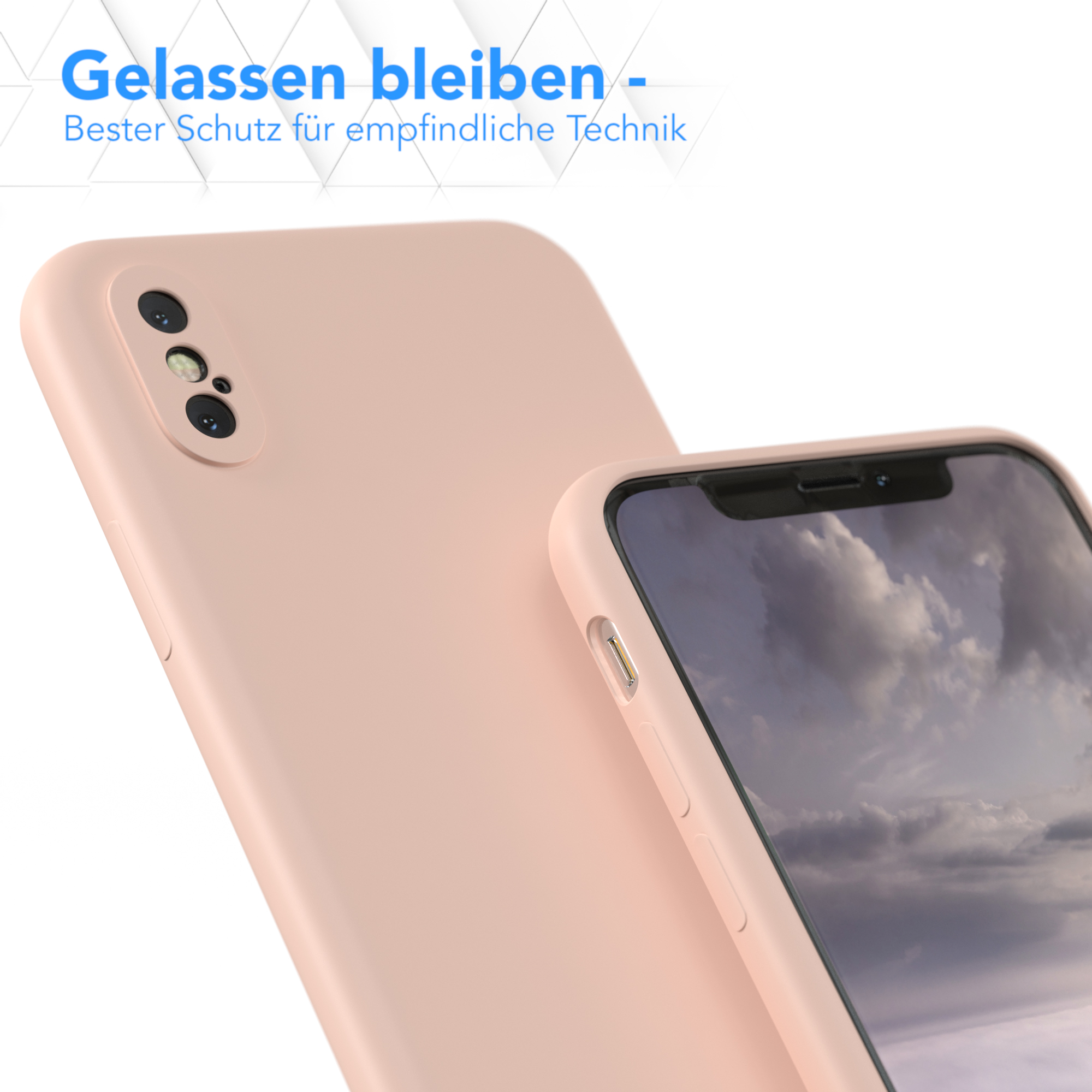 Hellrosa Handyhülle neben einem Telefon. Die Hülle liegt auf einer weißen Oberfläche.