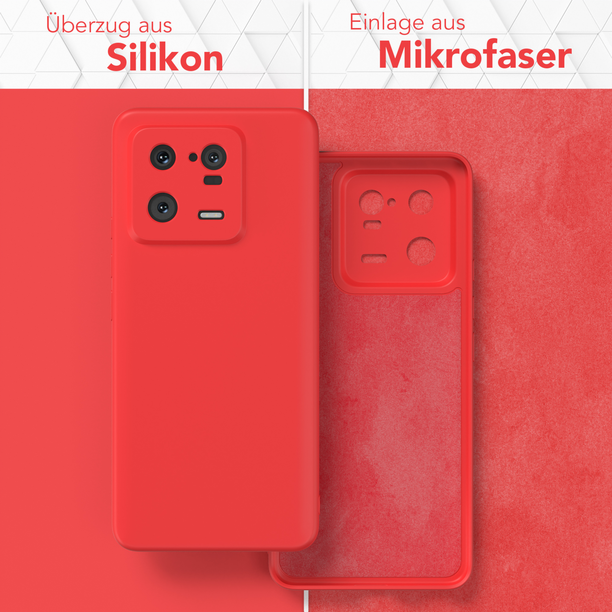 Eine rote Handyhülle mit einem Telefon darin. Die Hülle ist offen, mit einem Mikrofaser-Innenraum.