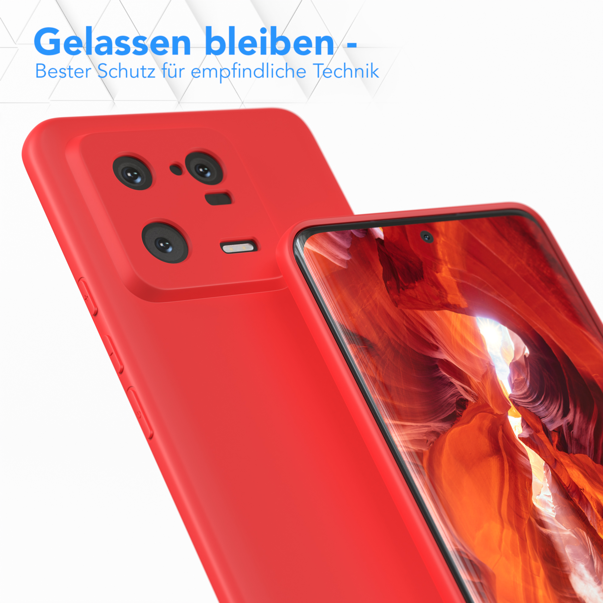 Zwei rote Handyhüllen. Eine zeigt die Rückseite, eine den Bildschirm.