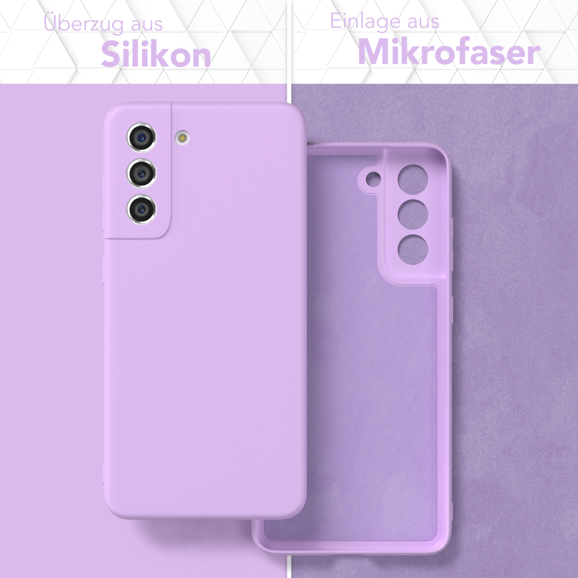 Lilafarbene Handyhülle, Innen- und Außenteile zeigend. Text: "Silikon" und "Mikrofaser".