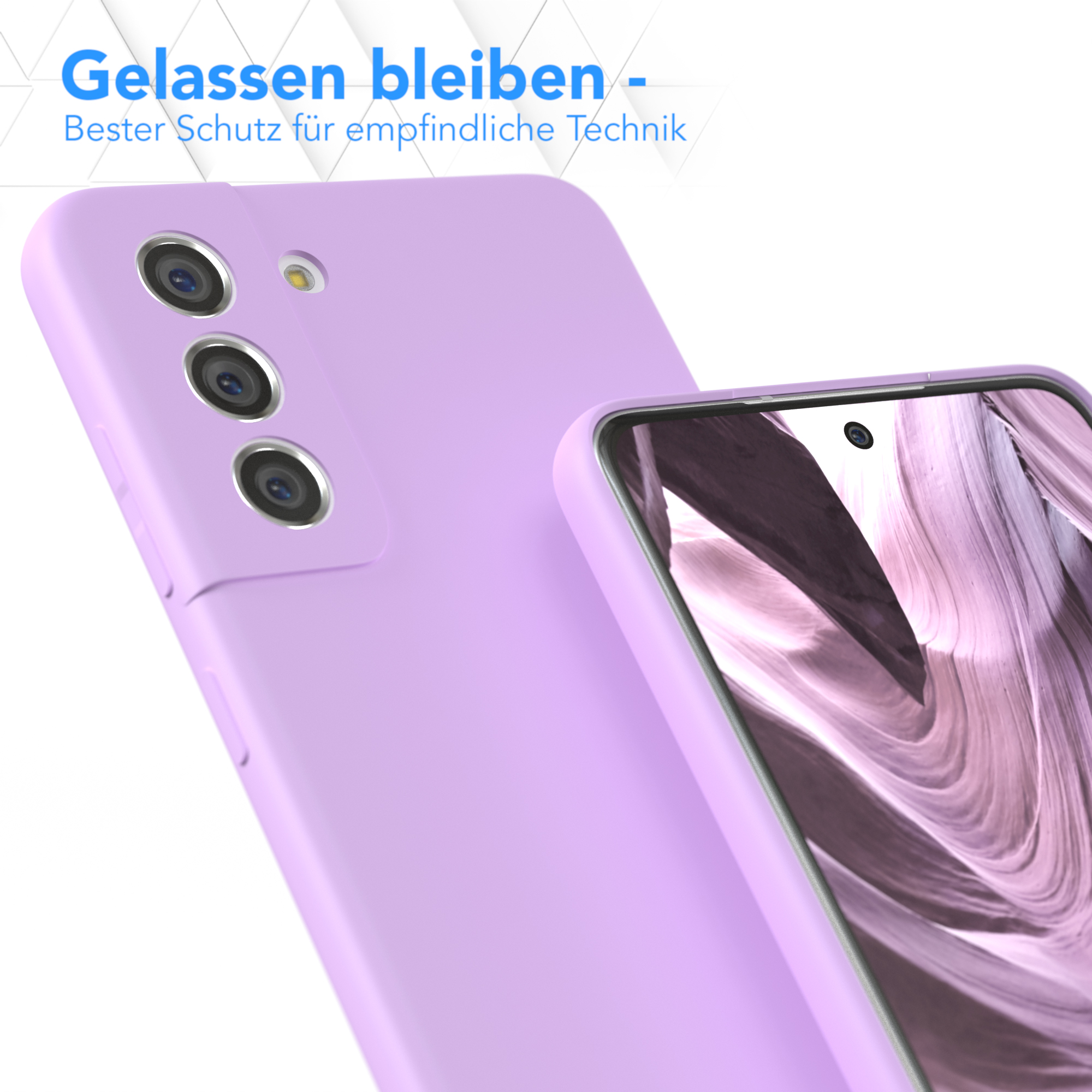 Eine lila Handyhülle mit Telefon darin, das das Design des Telefons zeigt.