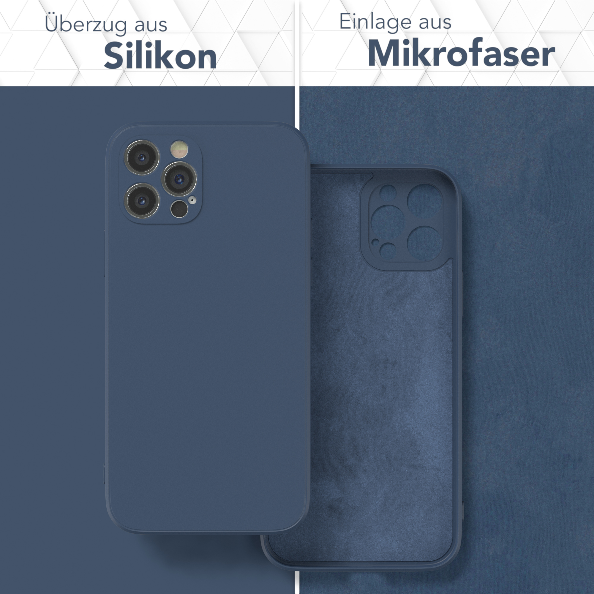 Handyhülle: blau außen, Mikrofaser innen, mit deutschem Text.