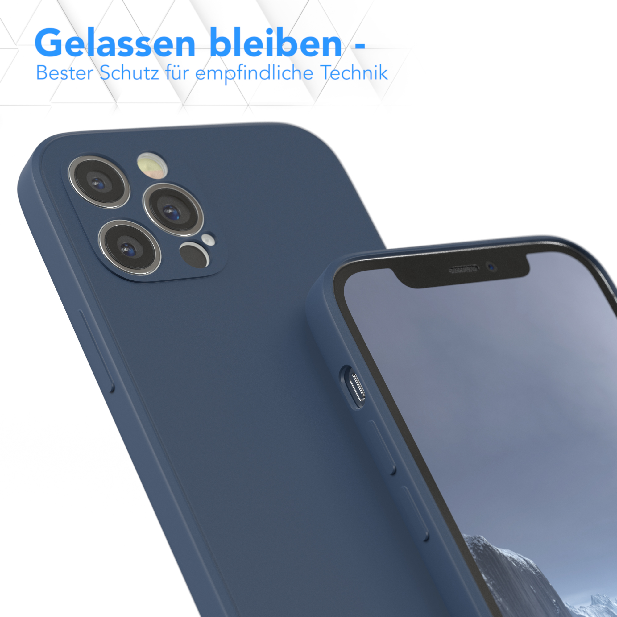 Zwei Telefone: ein blaues und ein schwarzes. Text betont den Schutz empfindlicher Technologie.