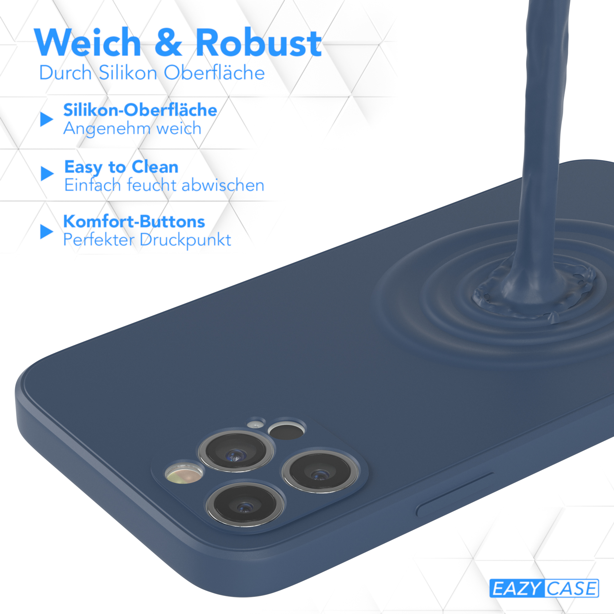 Dunkelblaue Handyhülle mit fließendem Material und dem Text 'Weich & Robust'.