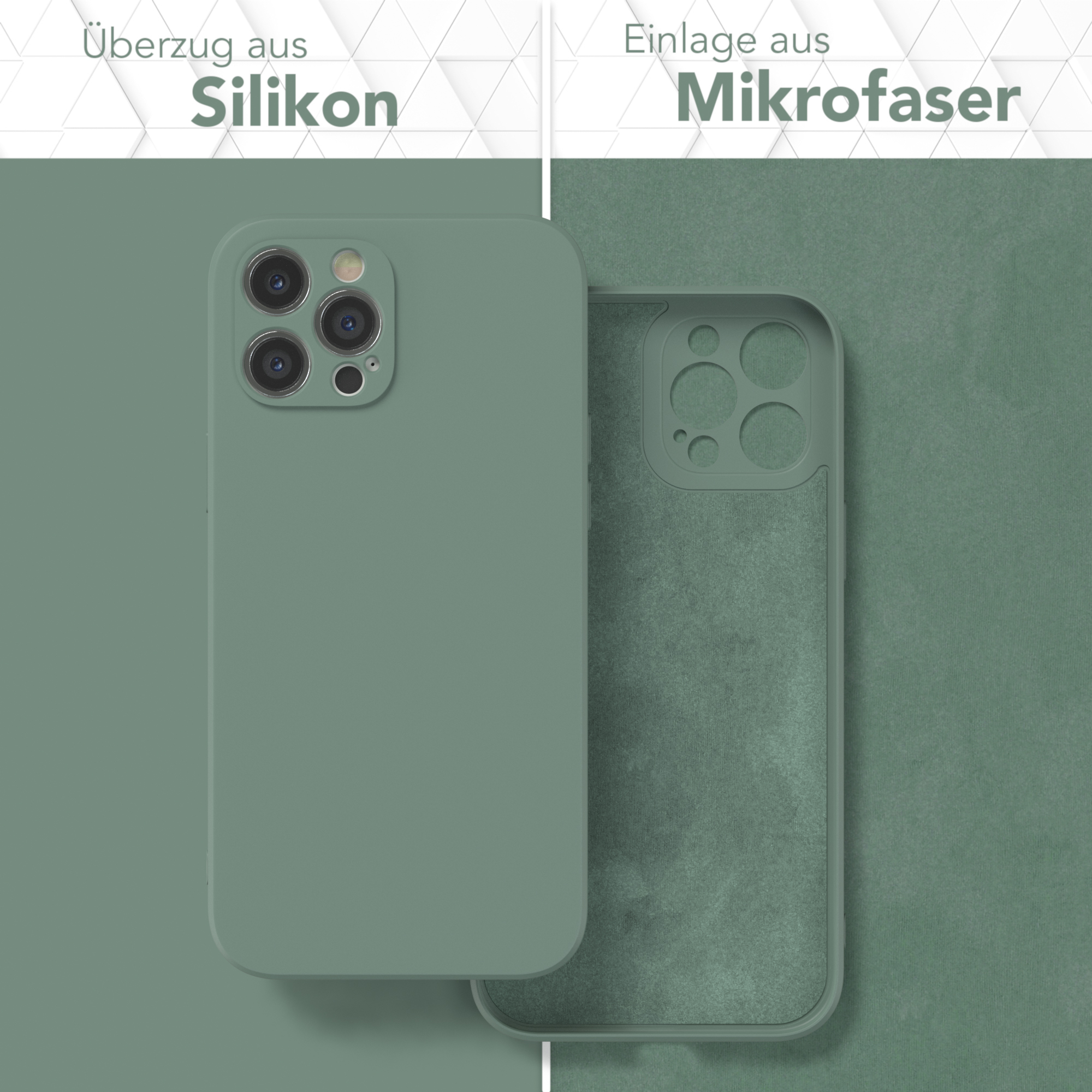 Eine grüne Handyhülle neben einem Handy. Das Handy ist grün. Die Hülle hat einen Mikrofaser-Einsatz.