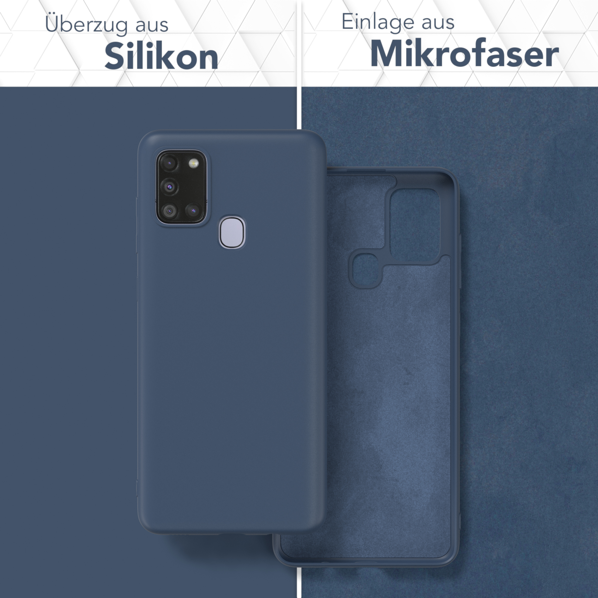 Blaue Handyhülle mit Telefon und Mikrofaser. Text: Silikonhülle und Mikrofaser-Einsatz.