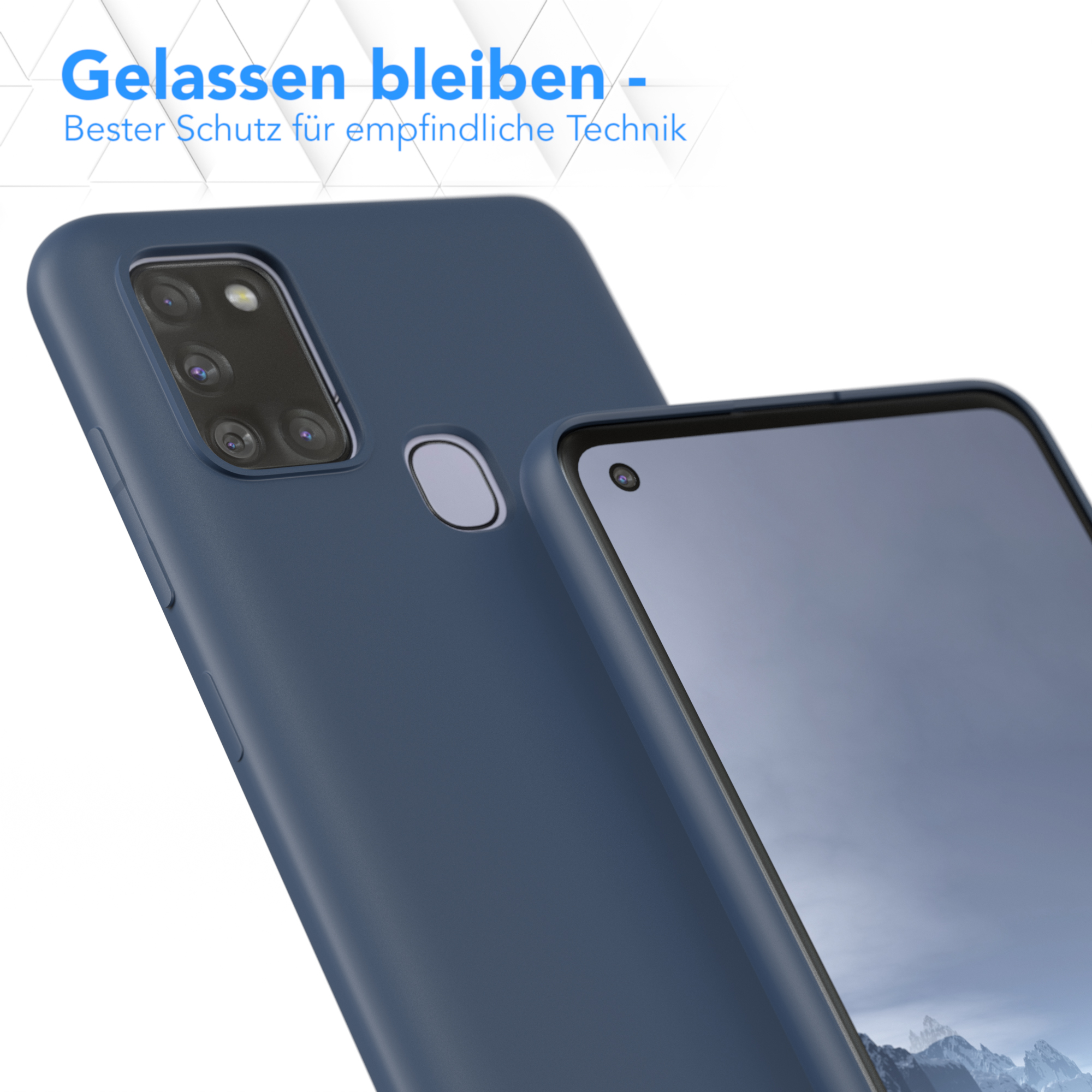 Blaue Handyhülle mit Telefon und Text 'Gelassen bleiben'.