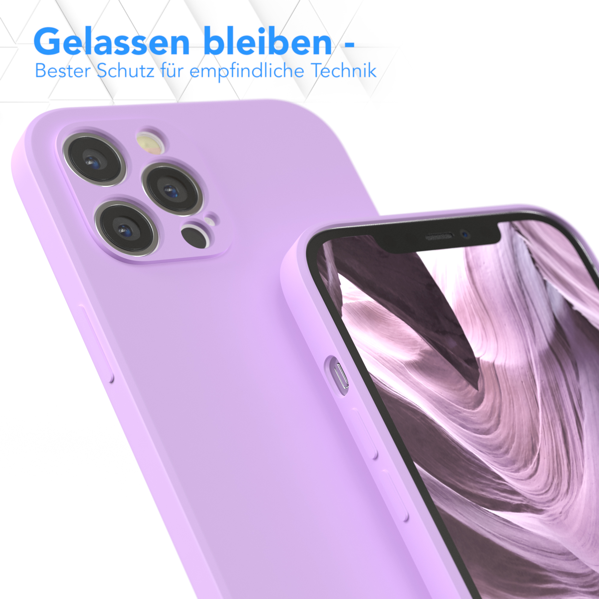 Zwei lila Handyhüllen. Eine auf dem Telefon, eine dahinter. Produktwerbung, Text oben.
