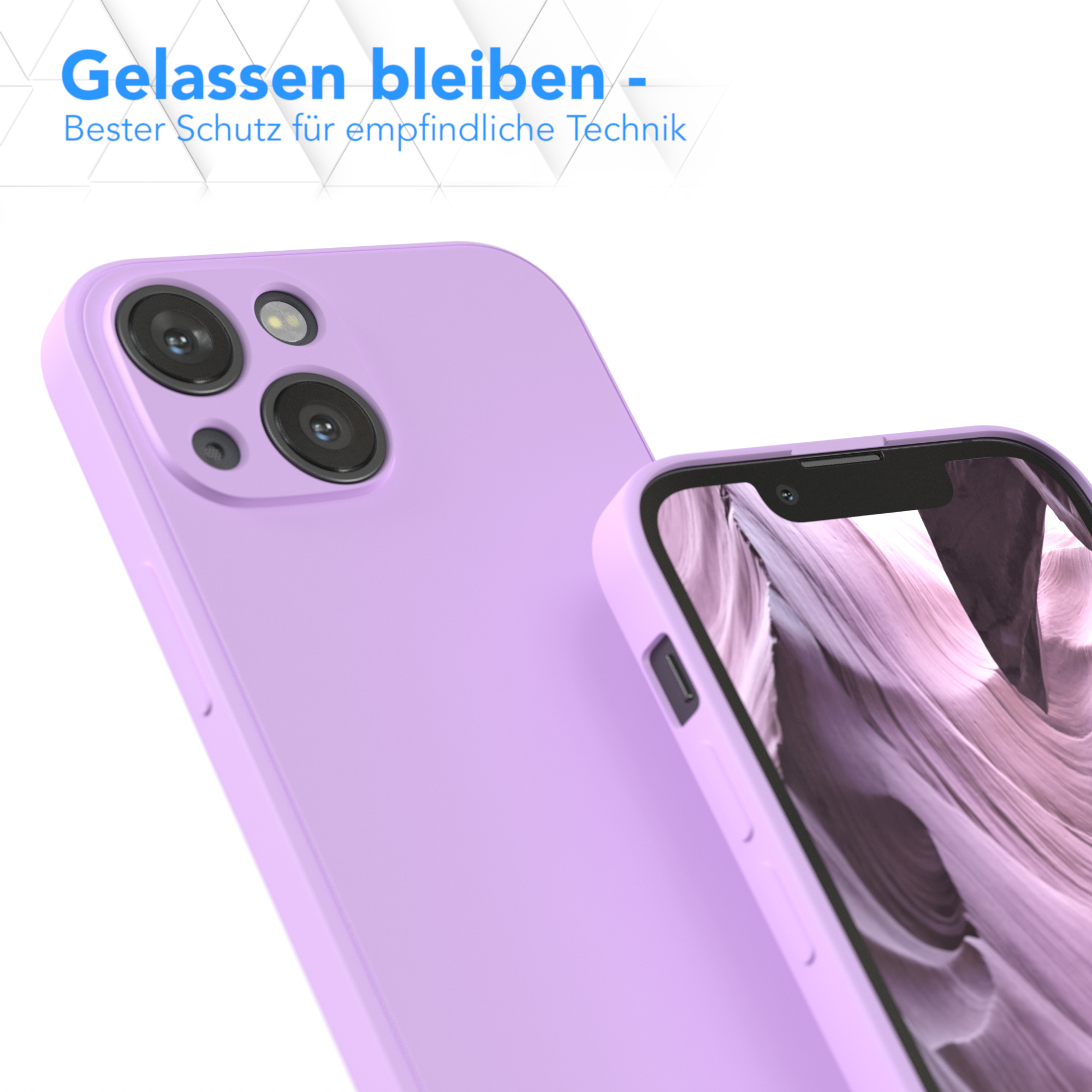 Eine lila Handyhülle mit einem Telefon darin; Text: "Bleiben Sie entspannt - Bester Schutz für empfindliche Technik."