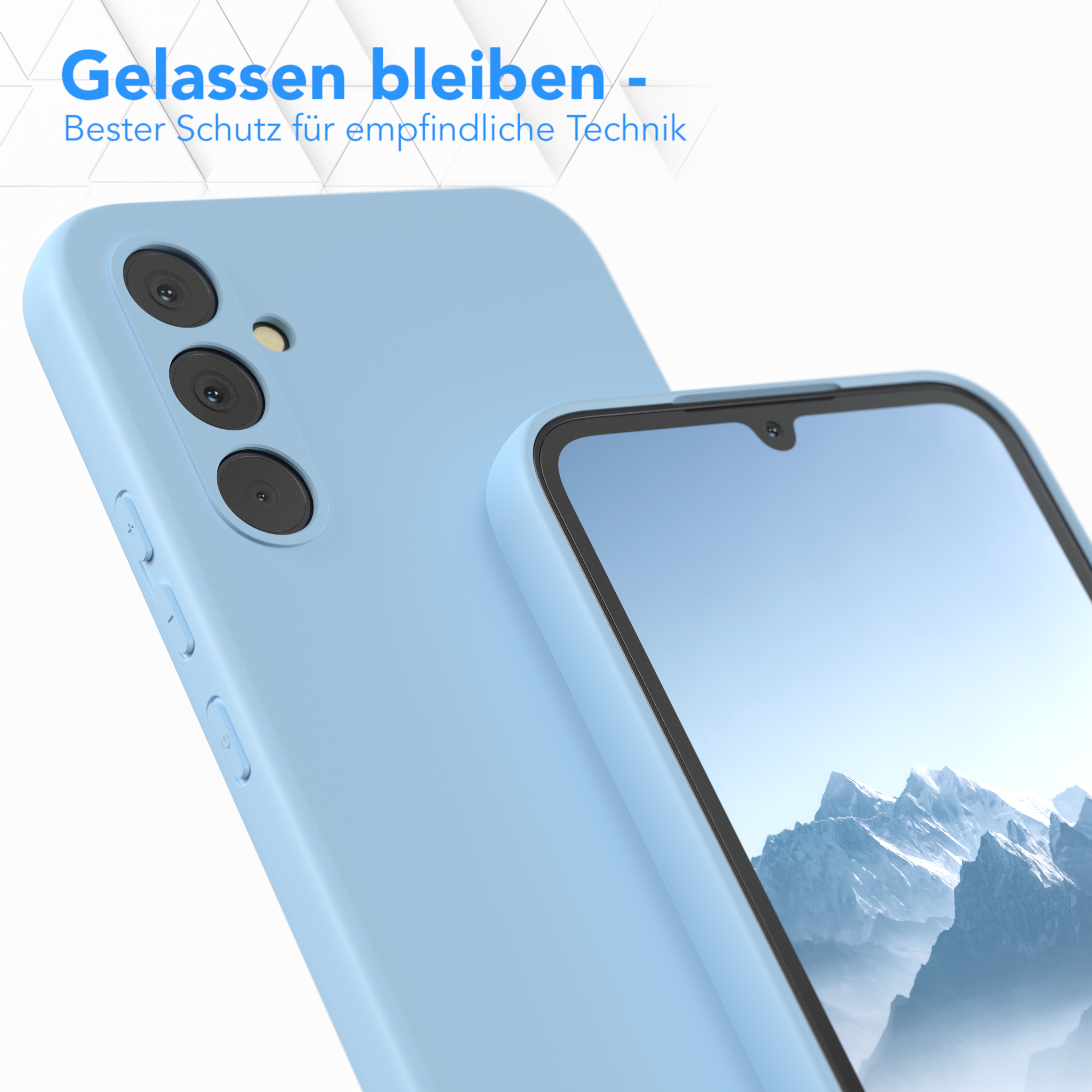 Blaue Handyhülle schützt Telefon, im Hintergrund Text.