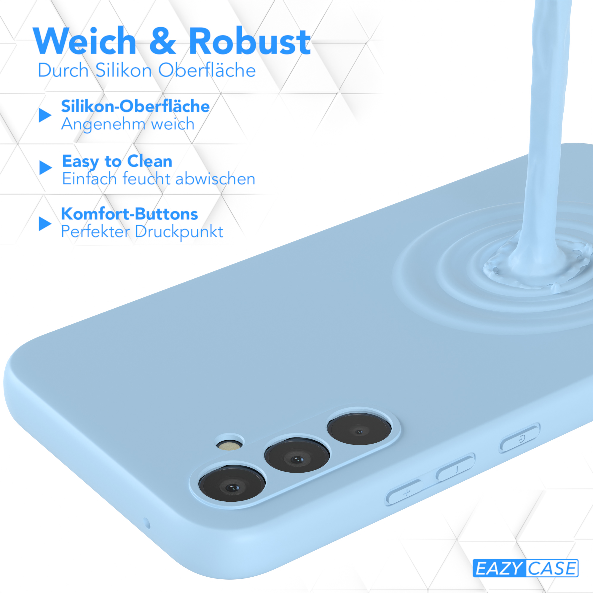 Eine hellblaue Handyhülle mit einem Telefon darin, mit Flüssigkeit, die auf die Hülle gegossen wird.