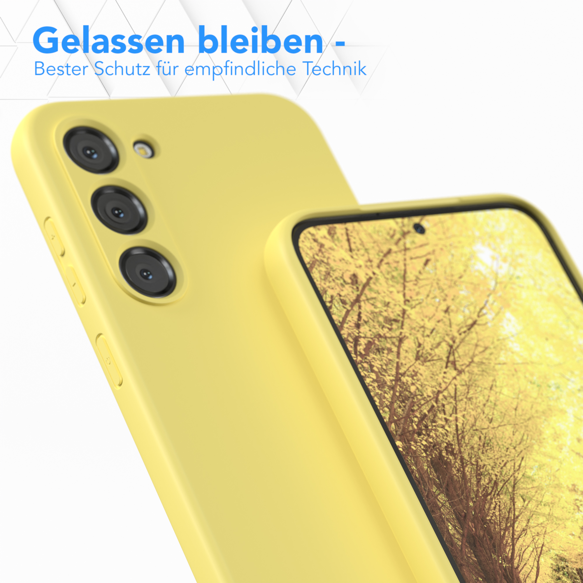 Gelbe Handyhülle und Telefon. Text oben. Blätter und gelber Hintergrund.