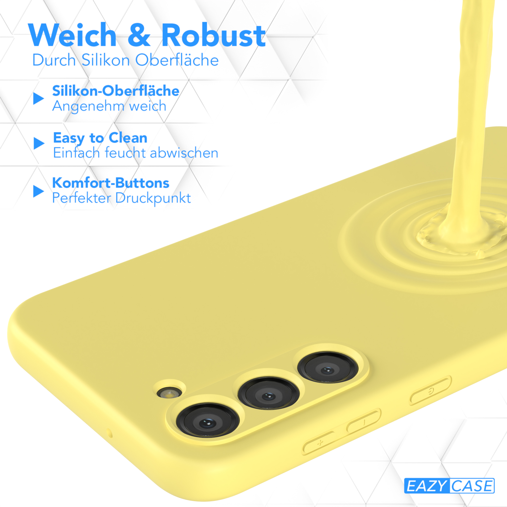 Eine gelbe Handyhülle mit einem Telefon darin, mit einem Flüssigkeitsspritzeffekt. Der Hintergrund ist weiß.