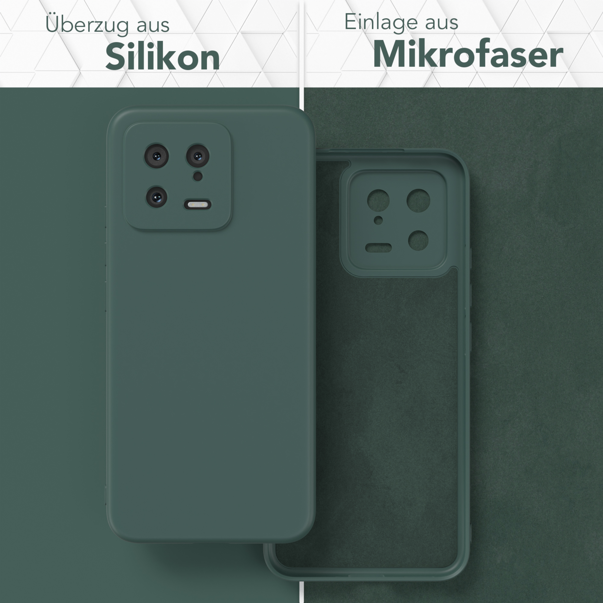 Zwei Handyhüllen. Eine grün, eine transparent, zeigt das Innere des Telefons, beide Silikon.