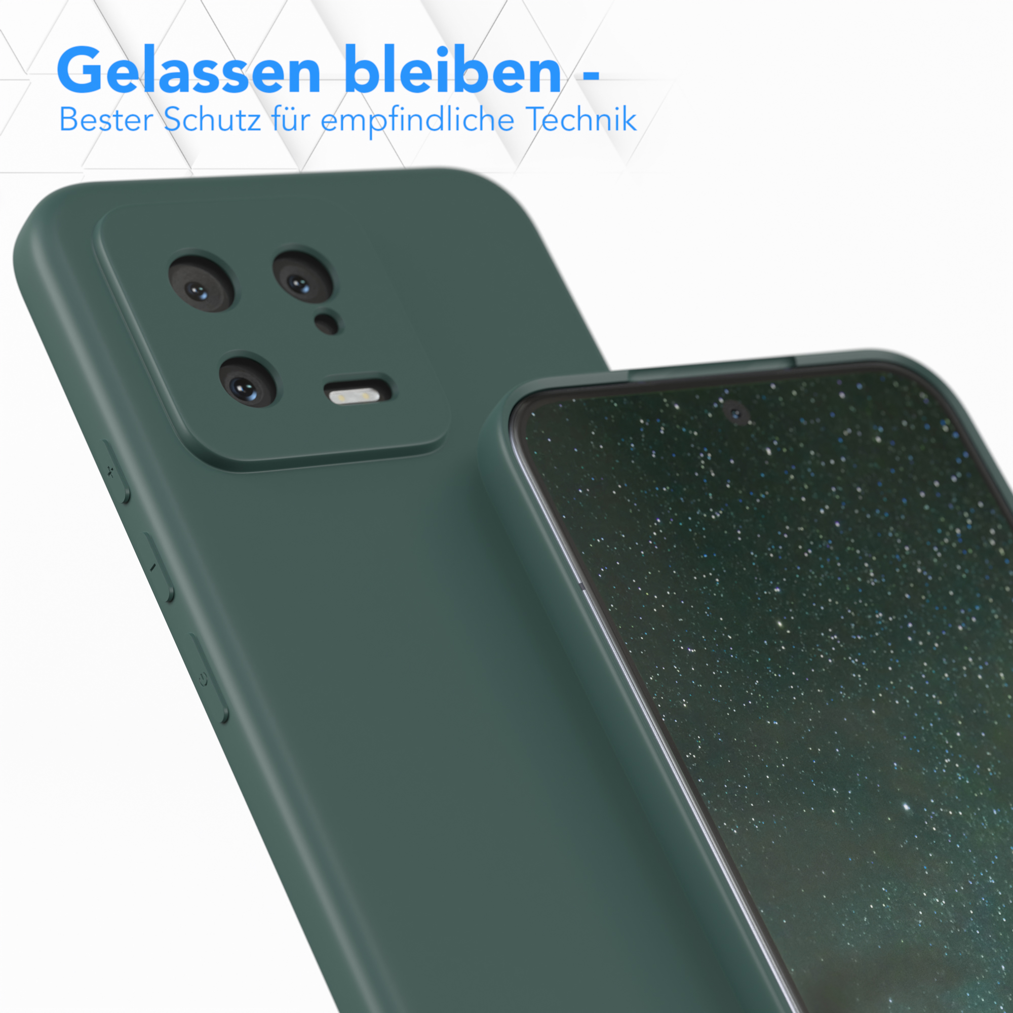 Grüne Handyhülle mit einem Telefon darin. Weißer Hintergrund.