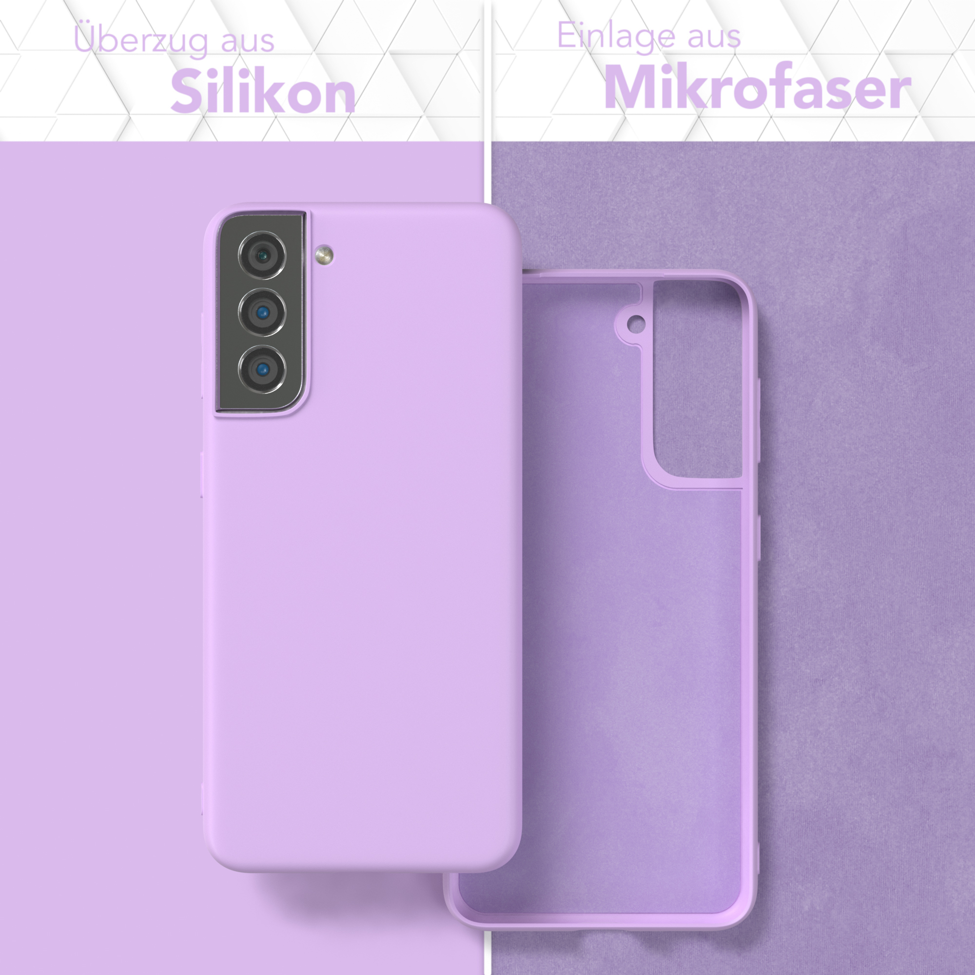 Eine lila Handyhülle und ein lila Innenteil, mit deutschem Text. Zeigt Silikon- und Mikrofaser-Materialien.