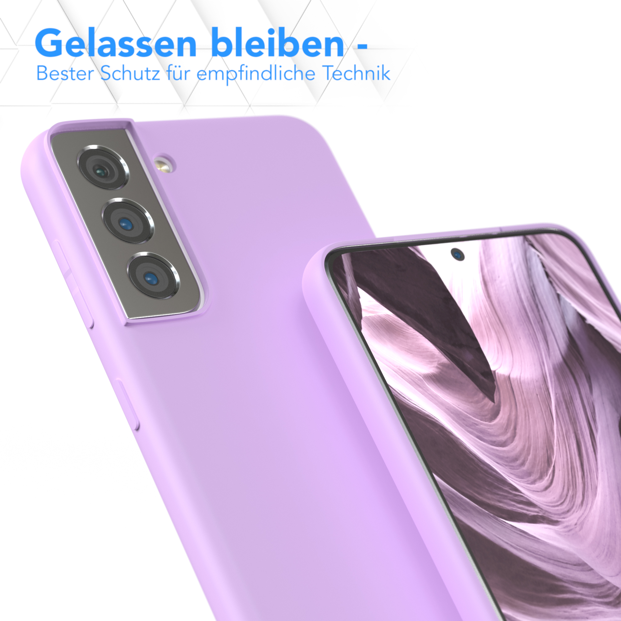 Zwei lila Handyhüllen, eine auf dem Telefon, eine zeigt innen und außen.