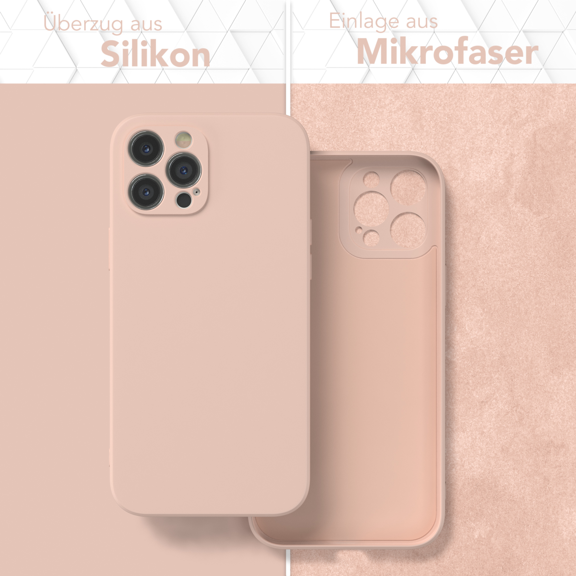 Zwei Handyhüllen, eine mit Telefon, in Rosa. Der Text ist auf Deutsch: Silikonbeschichtung und Mikrofaser.