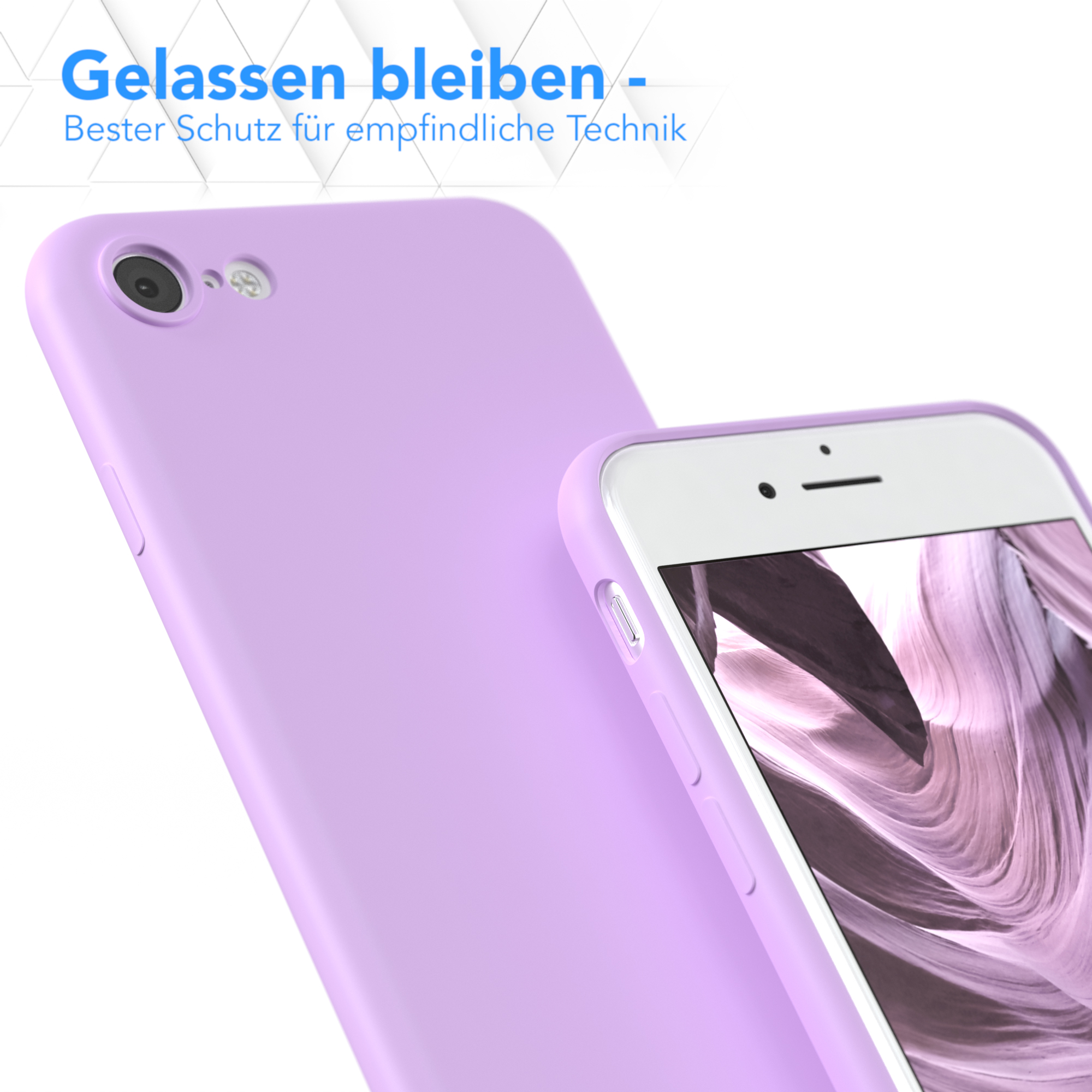 Zwei helllila Handyhüllen mit einem Telefon darin. Weißer Hintergrund.