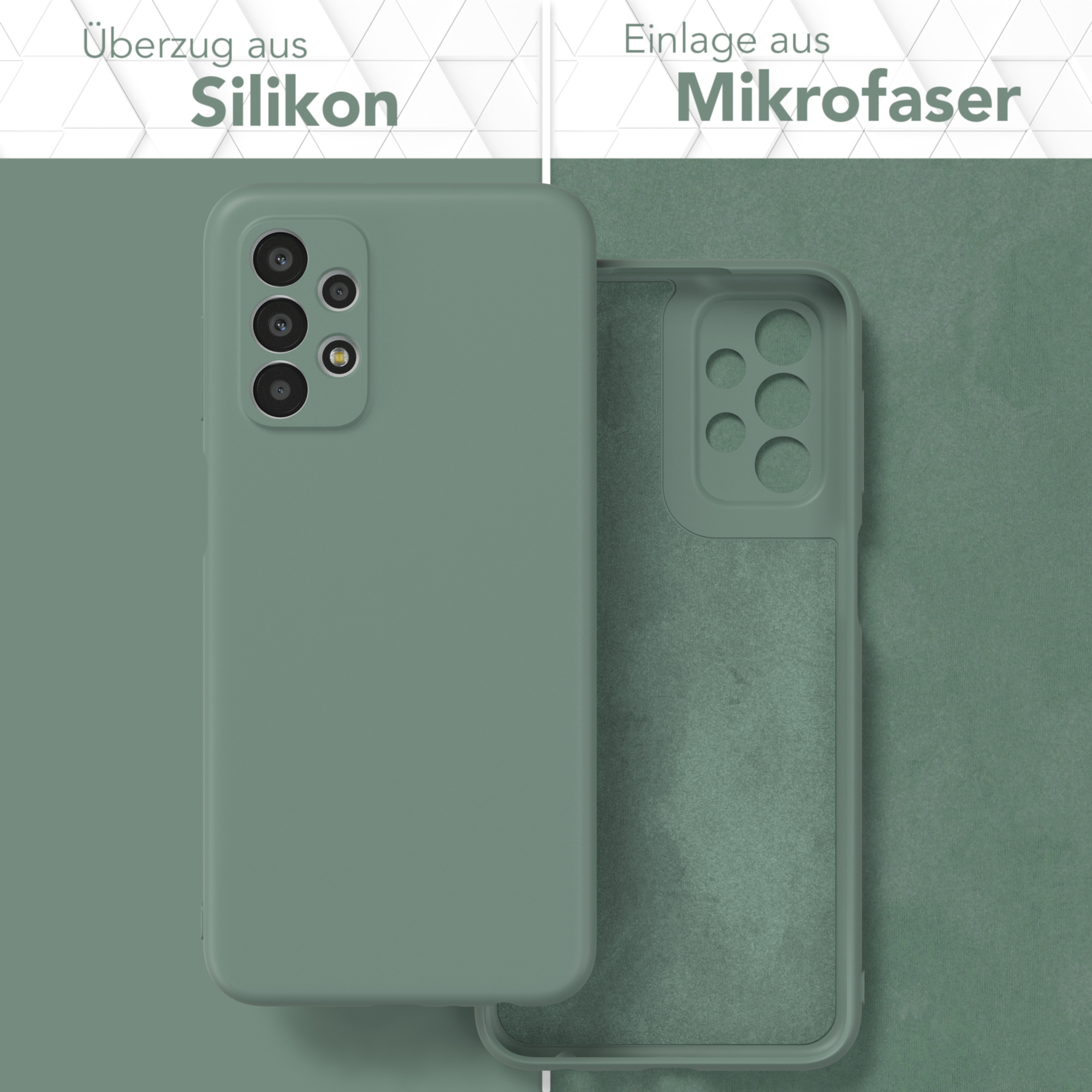 Eine grüne Handyhülle mit Silikonaußenseite und Mikrofaserinnenseite, mit einem Telefon teilweise darin.