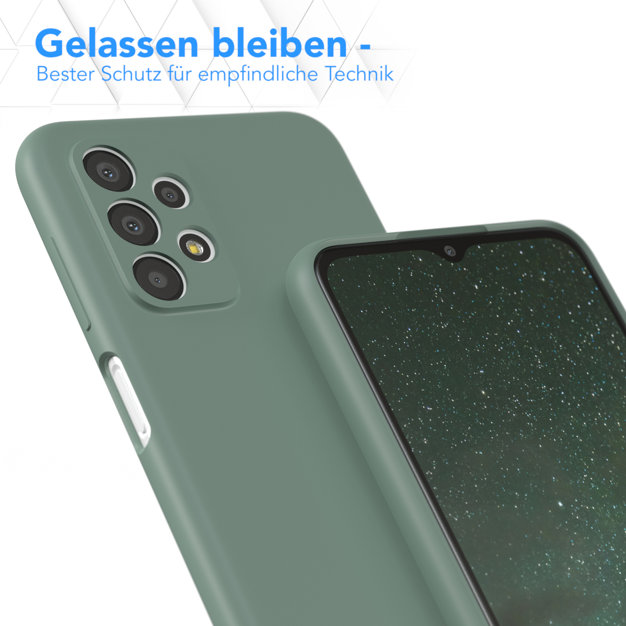 Eine grüne Handyhülle auf einem grünen Handy, Rückseite und Seite zeigend.