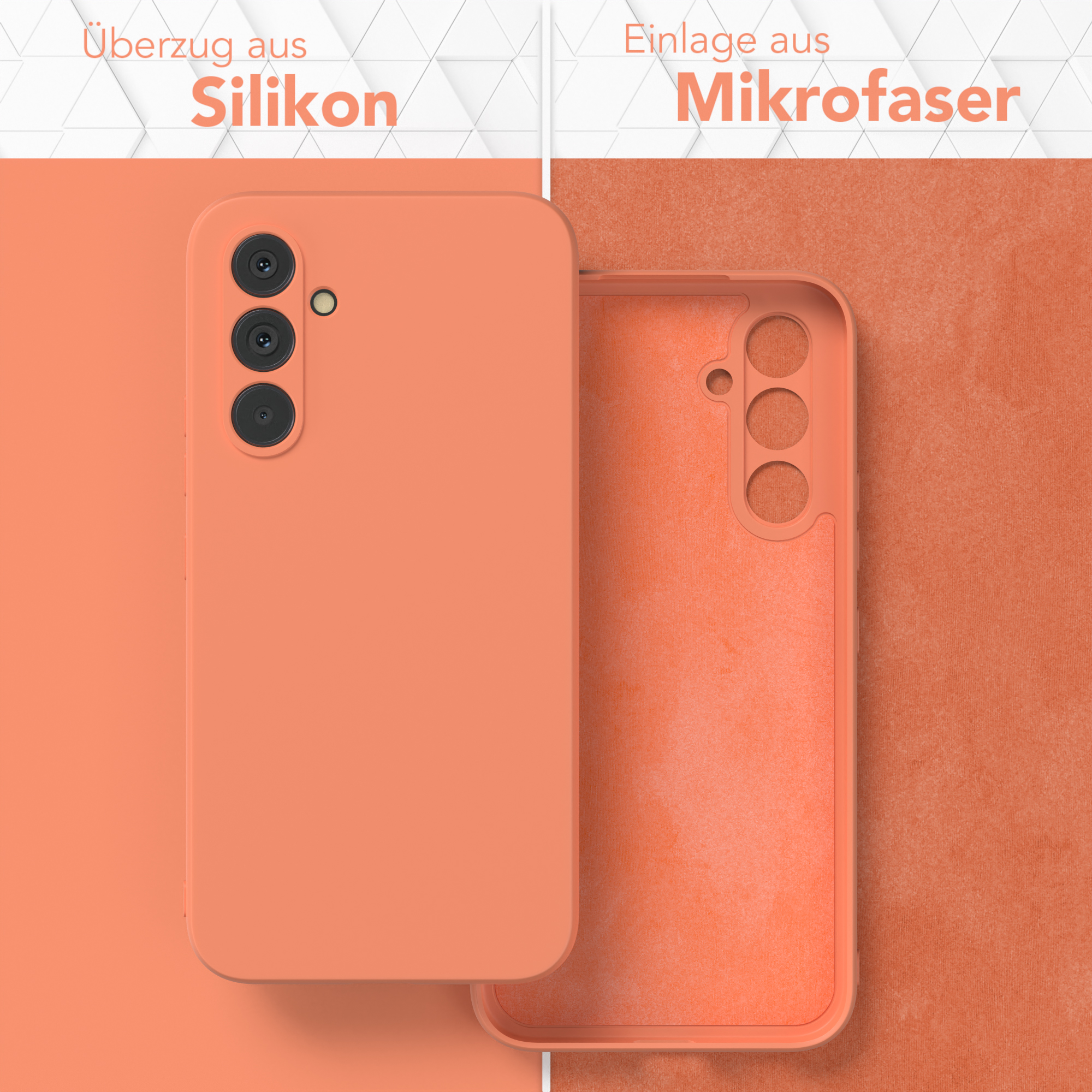 Zwei Handyhüllen: eine orange, eine offene mit orangefarbener Mikrofaserfutter. Beide sind für Telefone.