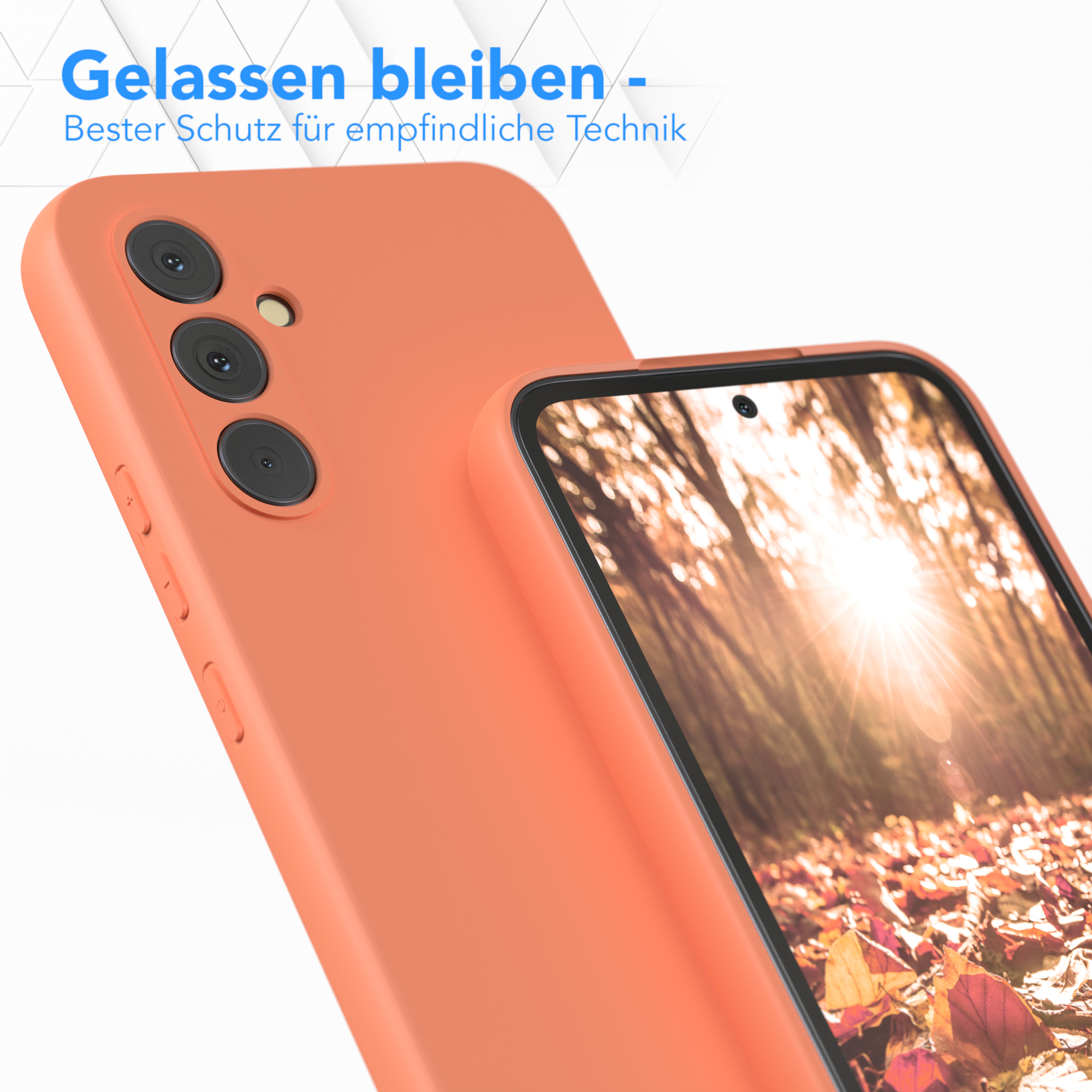 Eine orangefarbene Handyhülle mit drei Kameralinsen, Nahaufnahme.