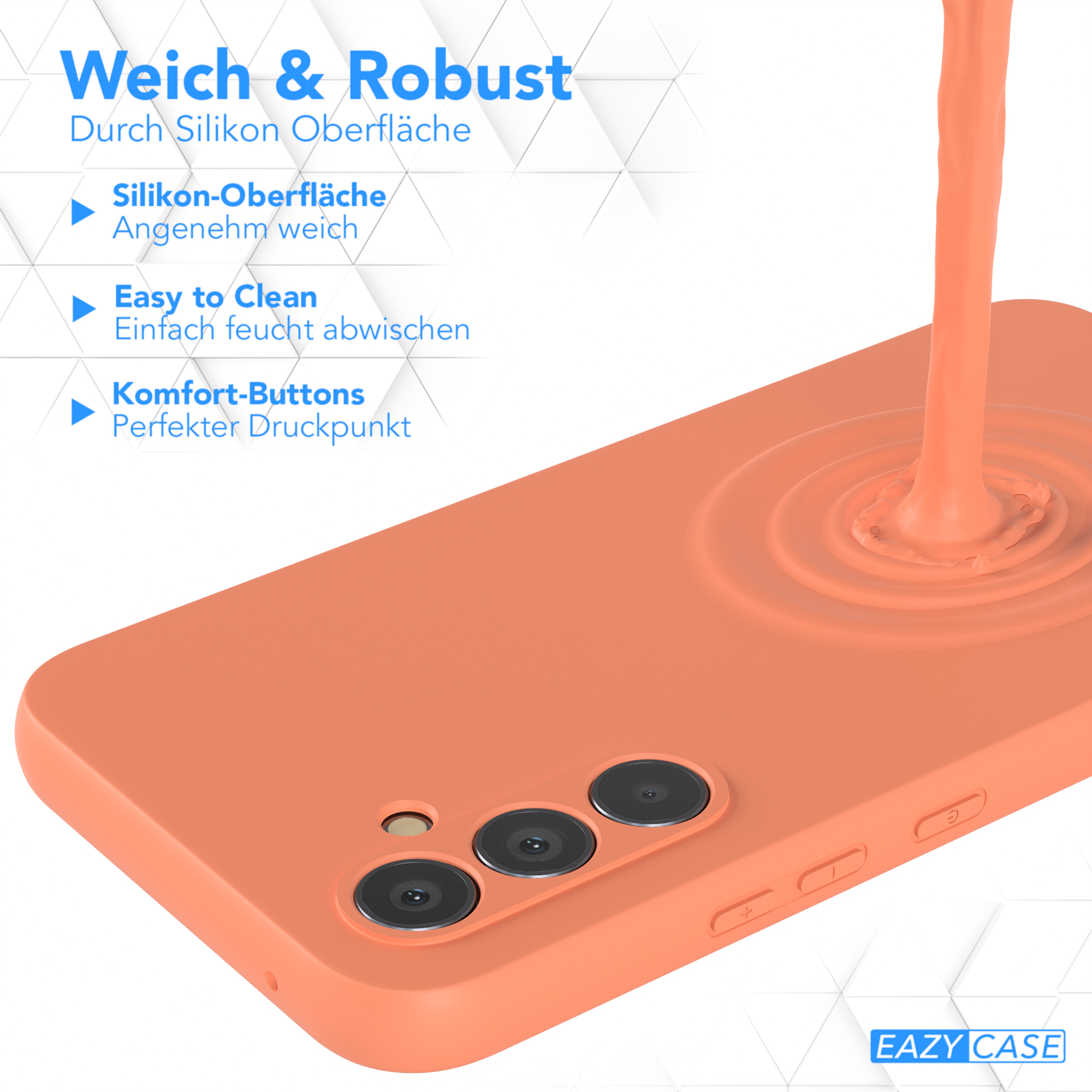 Nahaufnahme einer orangefarbenen Handyhülle mit Eazy Case-Logo. Flüssigkeit wird darauf gegossen.