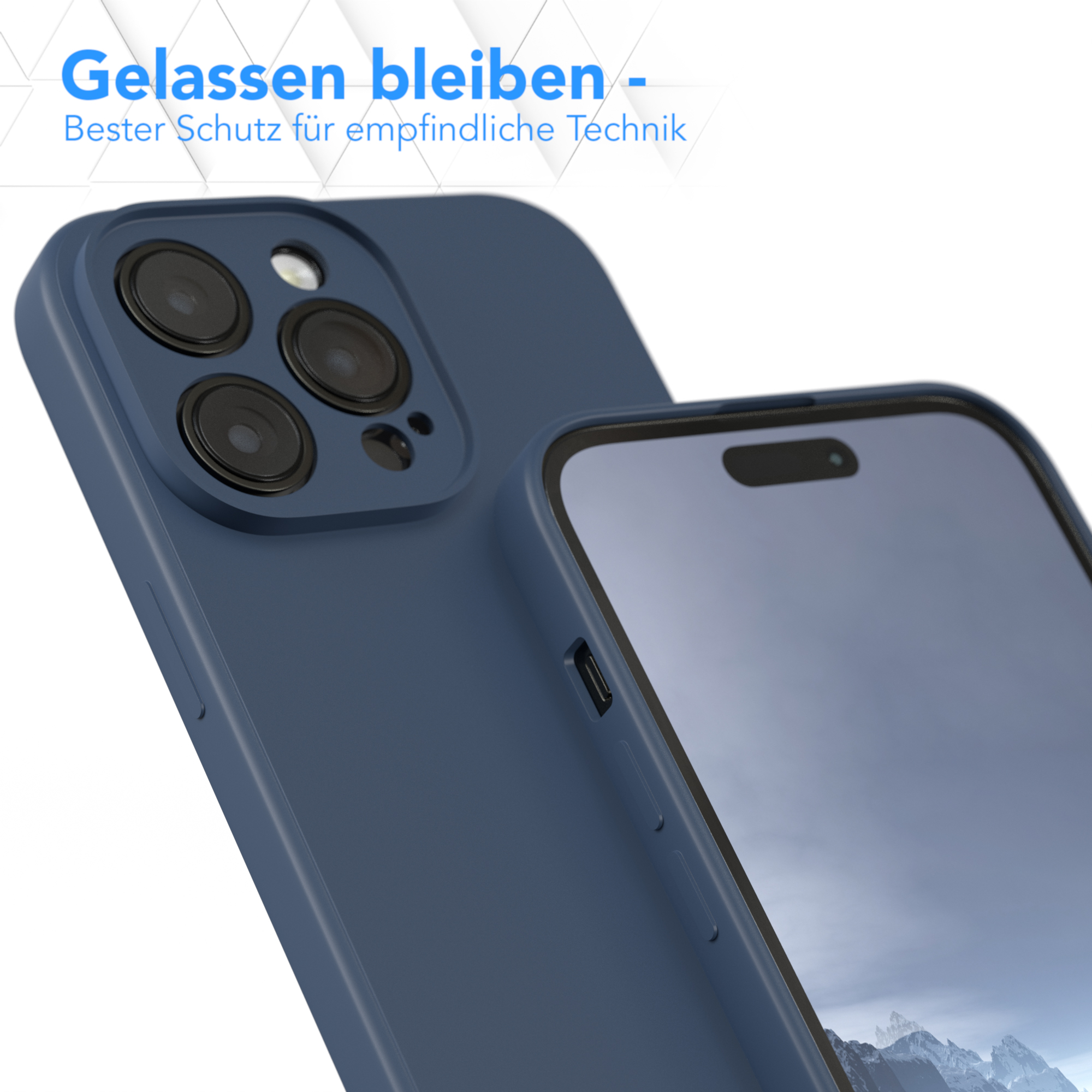Eine blaue Handyhülle ist um ein Telefon gewickelt. Das Telefon ist im Fokus.