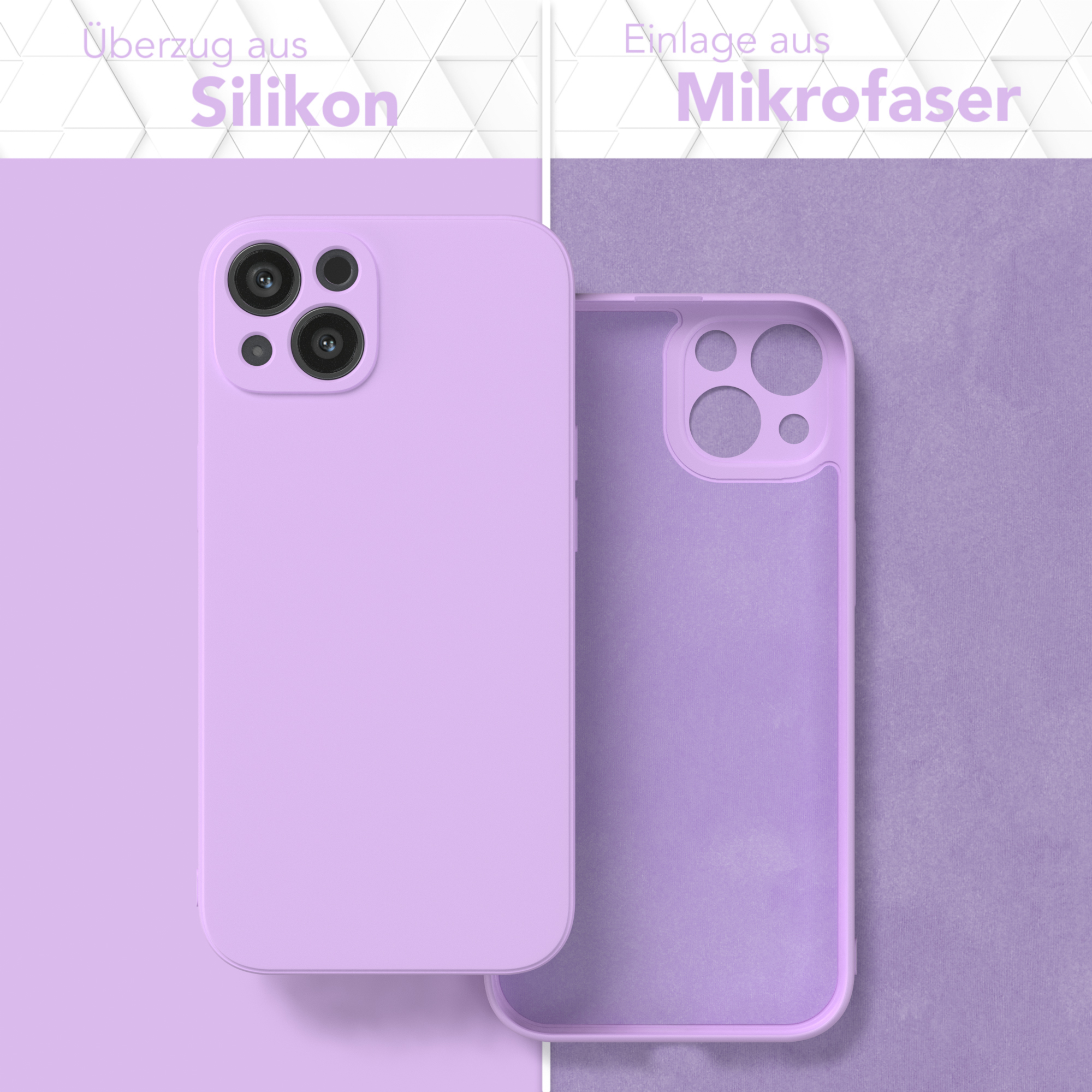 Lilafarbene Handyhülle neben leerer Innenschale. Text: 'Silikon' und 'Mikrofaser'.