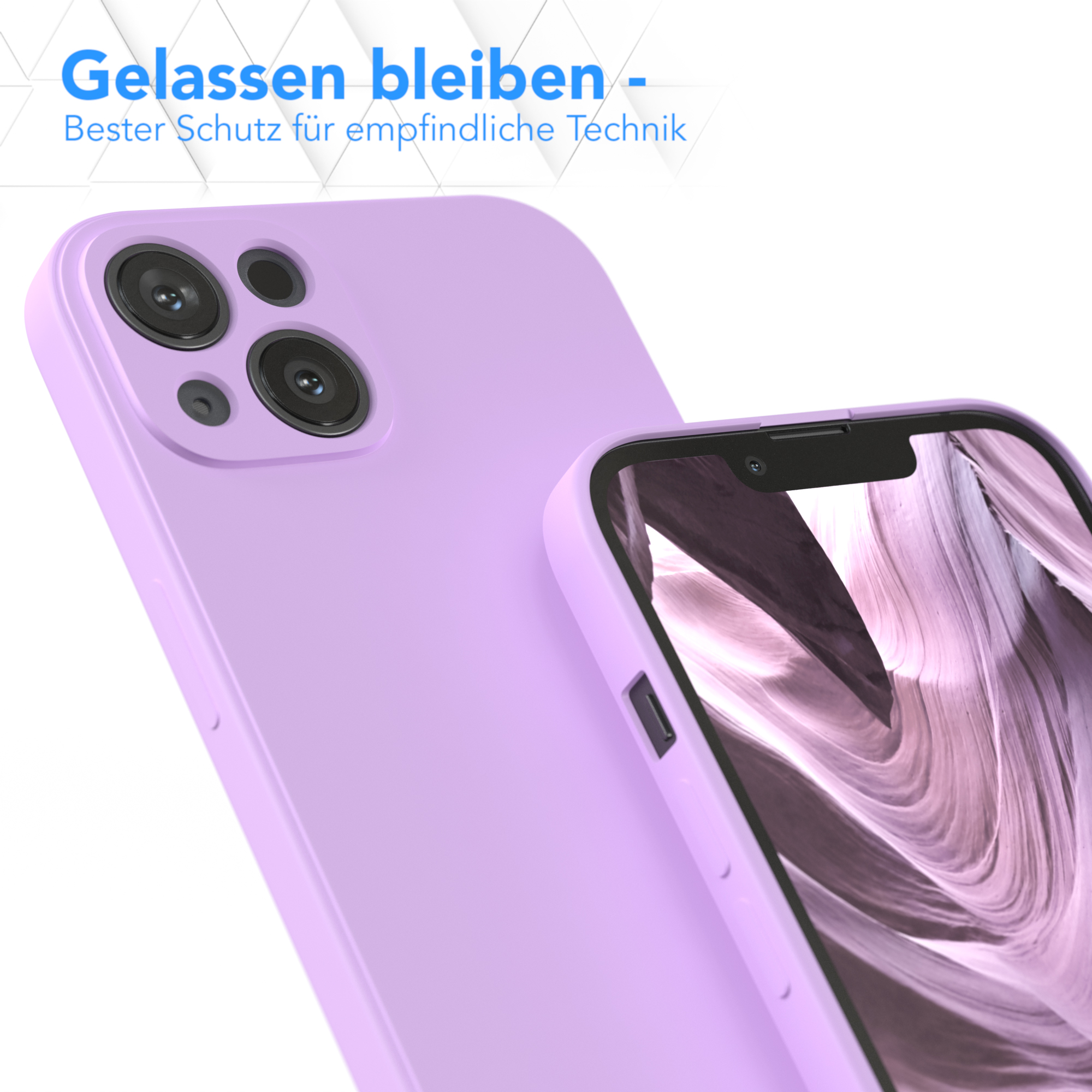 Eine lila Handyhülle neben einem Handy. Das Handy hat zwei Kameras.