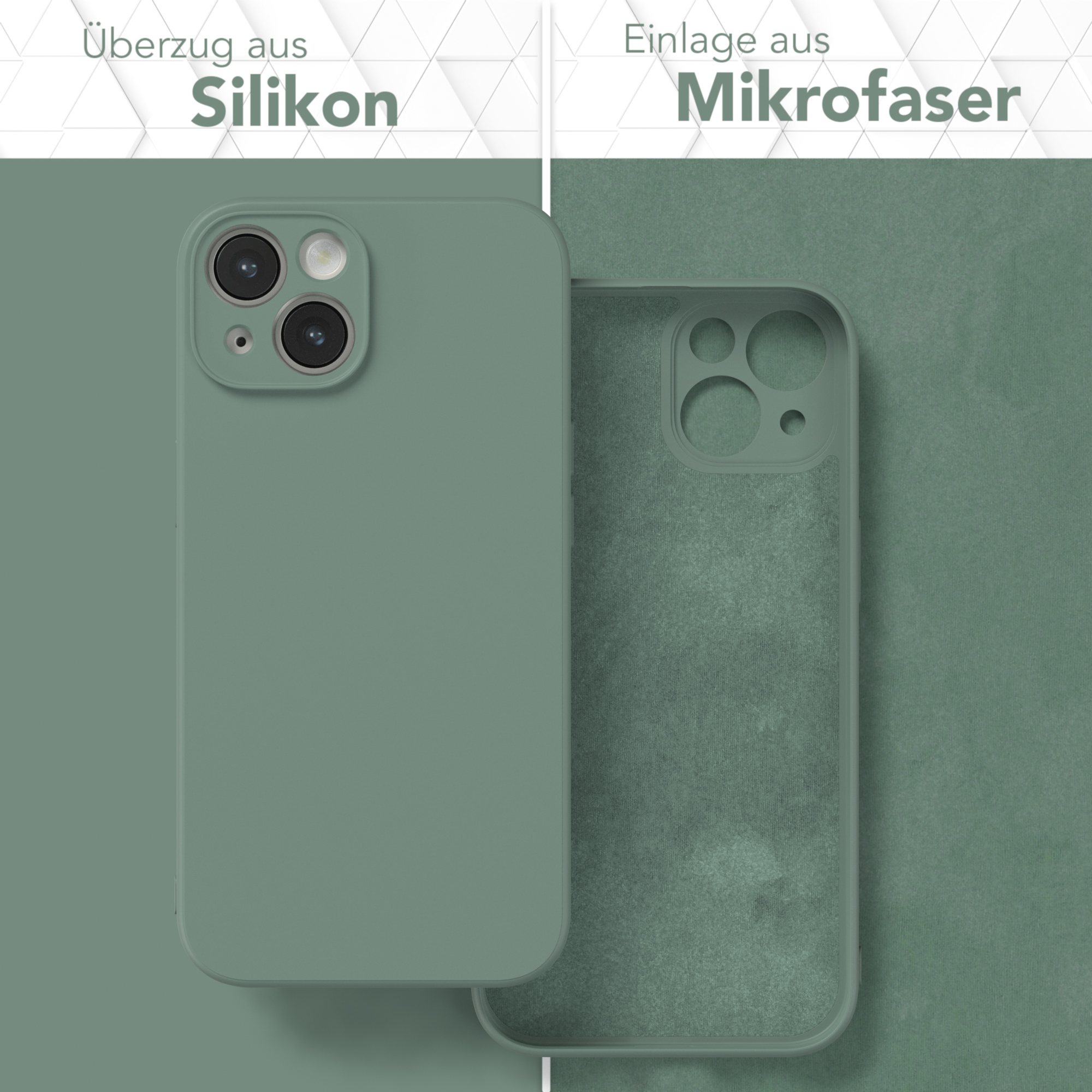 Zwei grüne Handyhüllen, die Silikon- und Mikrofaser-Schichten zeigen, mit Text auf Deutsch.