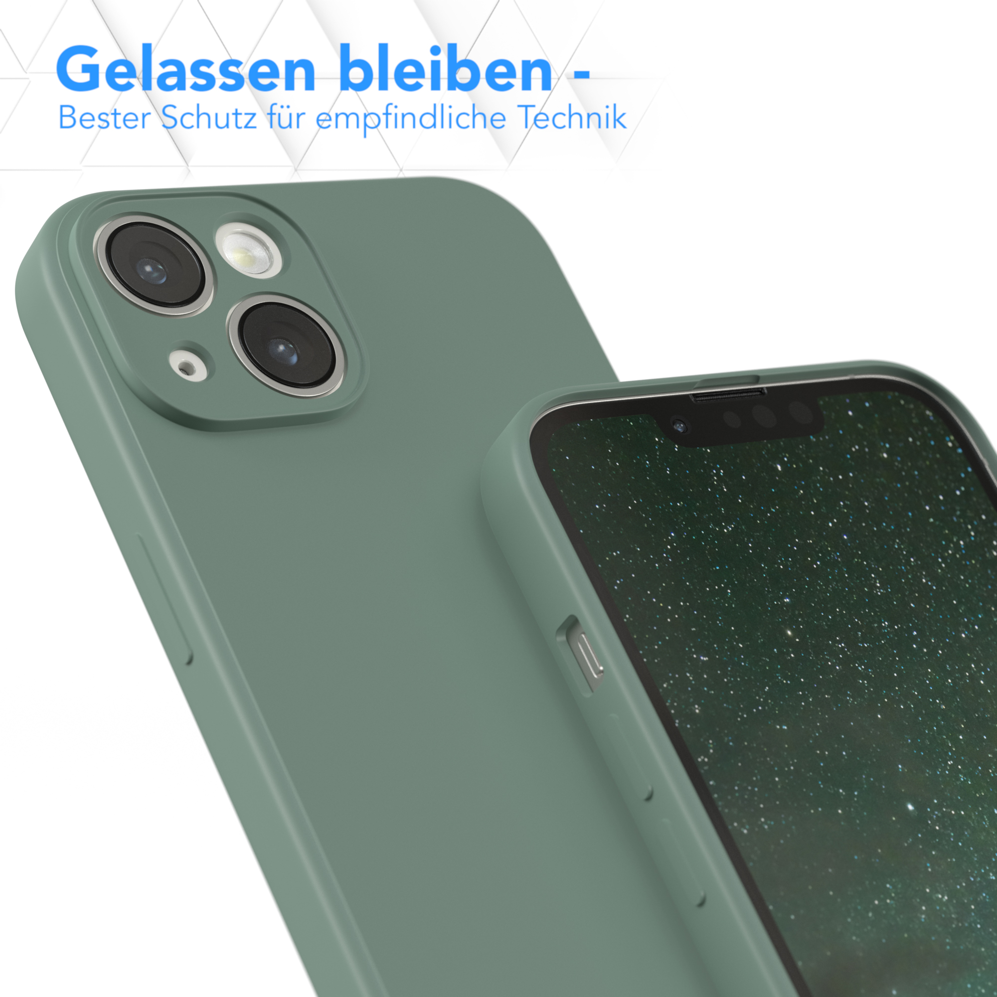 Nahaufnahme einer grünen Handyhülle und des Bildschirms des Telefons, mit Text: Bester Schutz für empfindliche Technik.