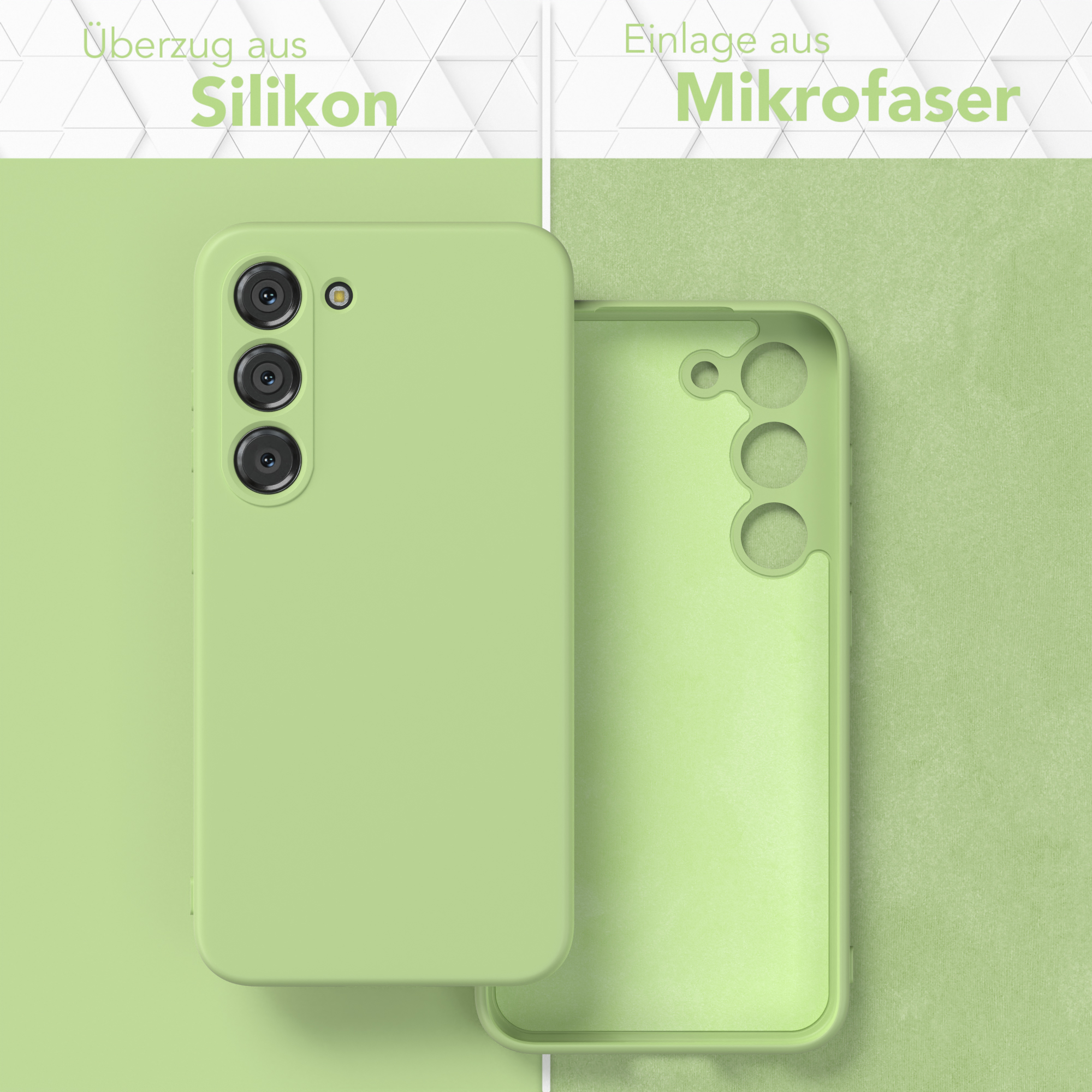 Grüne Handyhülle, geöffnet. Silikon außen, Mikrofaser innen. Deutsche Textbeschriftung.