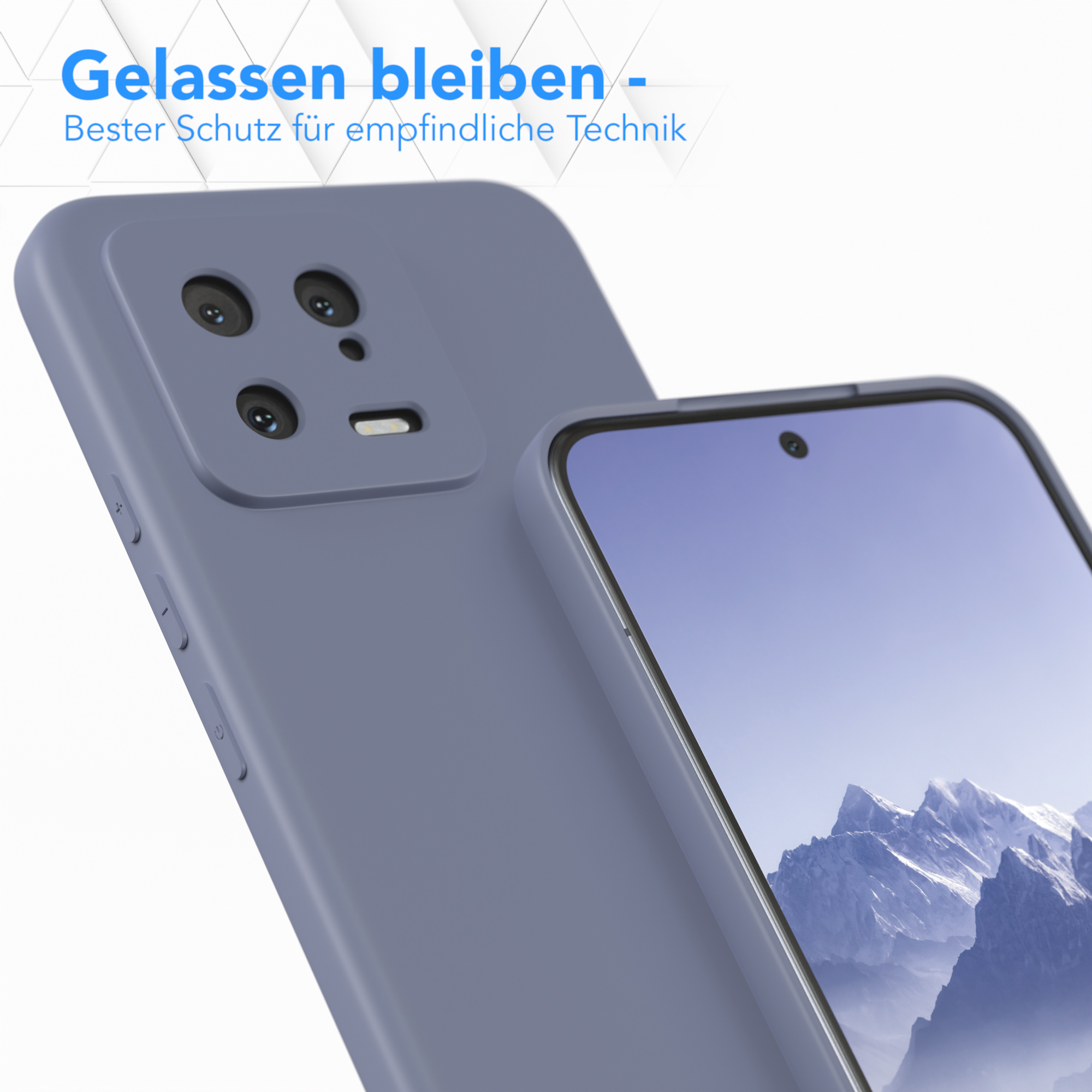 Zwei Handyhüllen, eine bedeckt ein Telefon. Die hintere Hülle hat Kameraaussparungen. Oben steht 'Gelassen bleiben'.