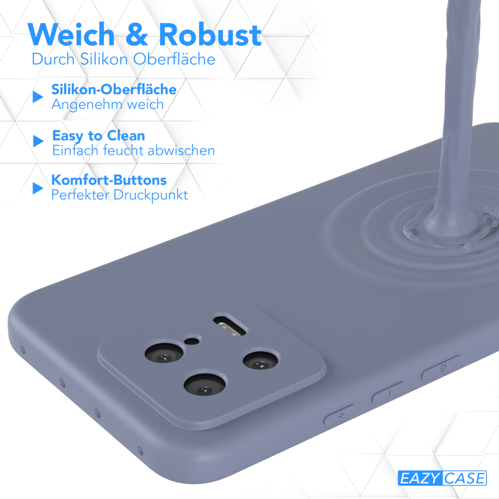 Blaue Handyhülle mit Silikonoberfläche und telefonförmiger Vertiefung, mit Text.