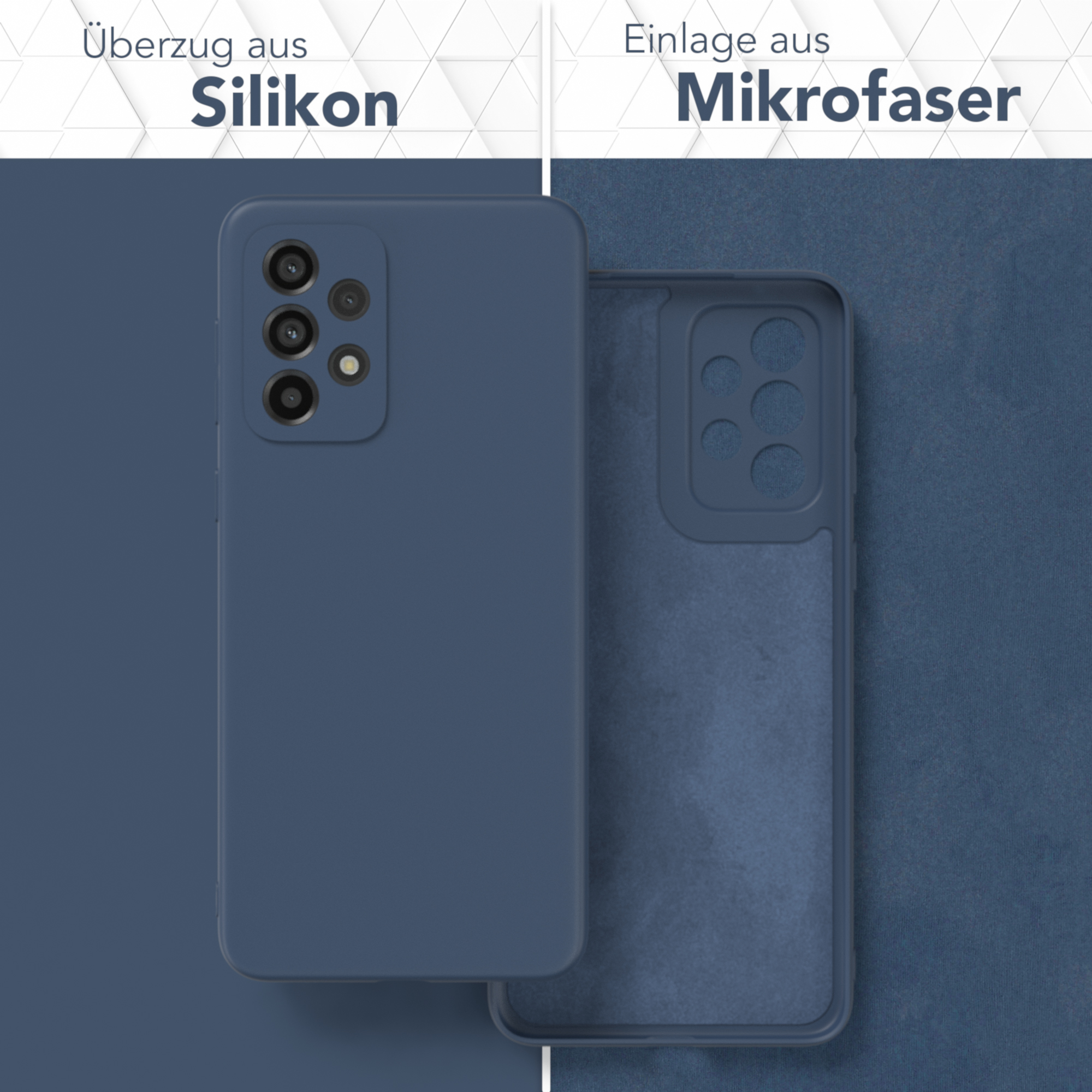 Zwei Handyhüllen. Eine zeigt die äußere blaue Hülle, die andere die innere blaue Mikrofaser.